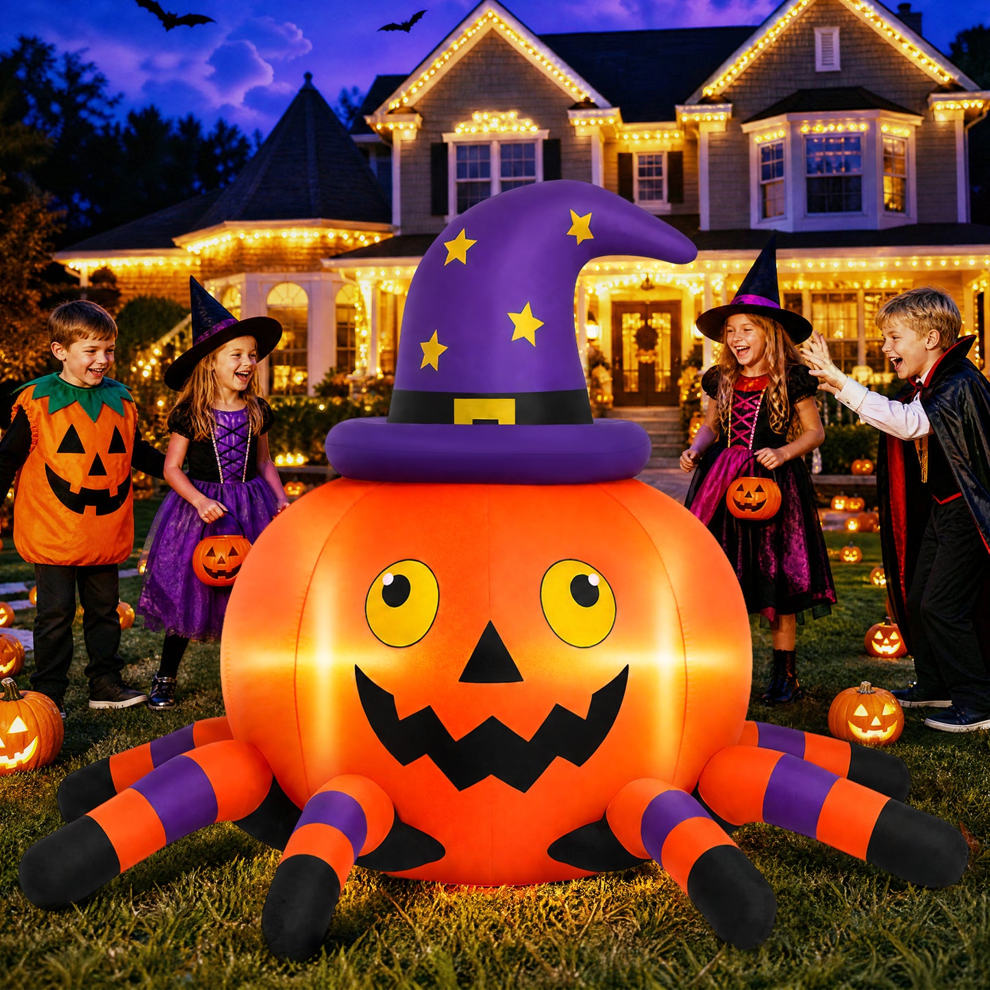 Firstness 6FT Halloween Inflatable Pumpkin Spider with LED Lights Outdoor Decorations for Yard Party