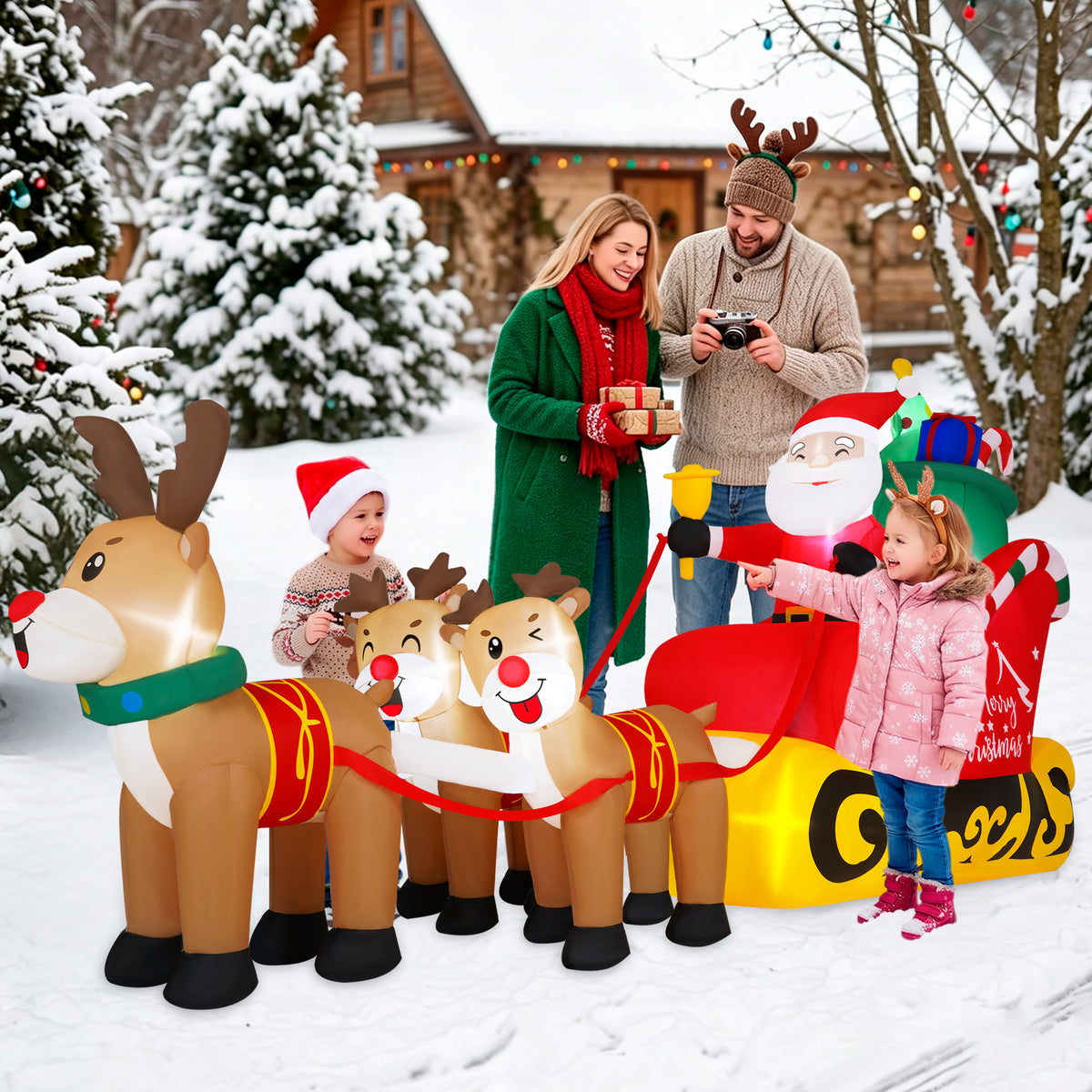 Firstness 8ft Christmas Inflatables Santa Claus on Sleigh with 3 Reindeer Xmas Blow ups with LED Lights Outdoor Yard Lawn Decoration