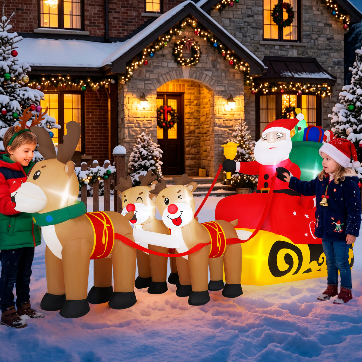 Firstness 8ft Christmas Inflatables Santa Claus on Sleigh with 3 Reindeer Xmas Blow ups with LED Lights Outdoor Yard Lawn Decoration