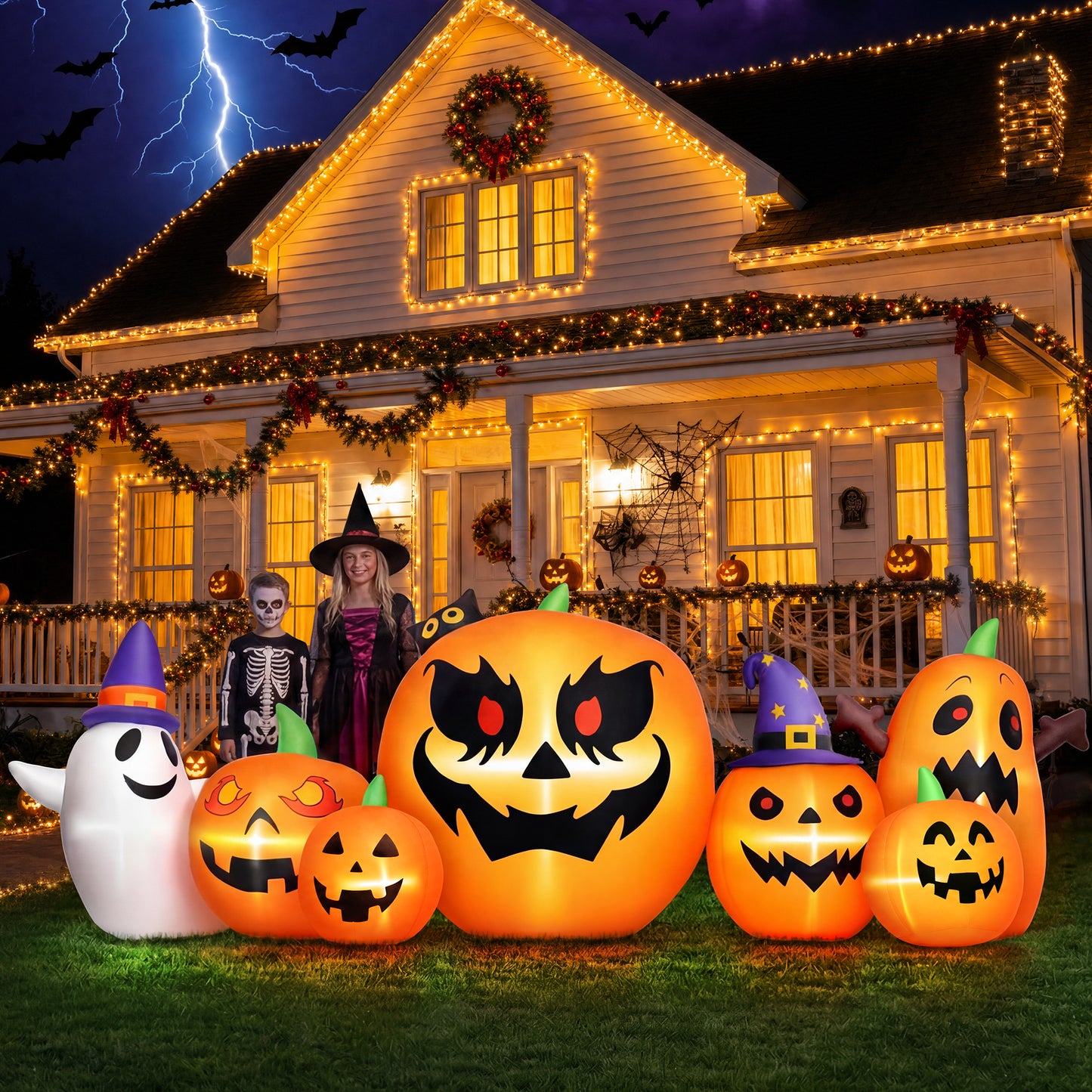 Firstness 7.9FT Halloween Inflatable Pumpkin Ghost with Lights, Halloween Blow Ups Outdoor Decoration for Home Party