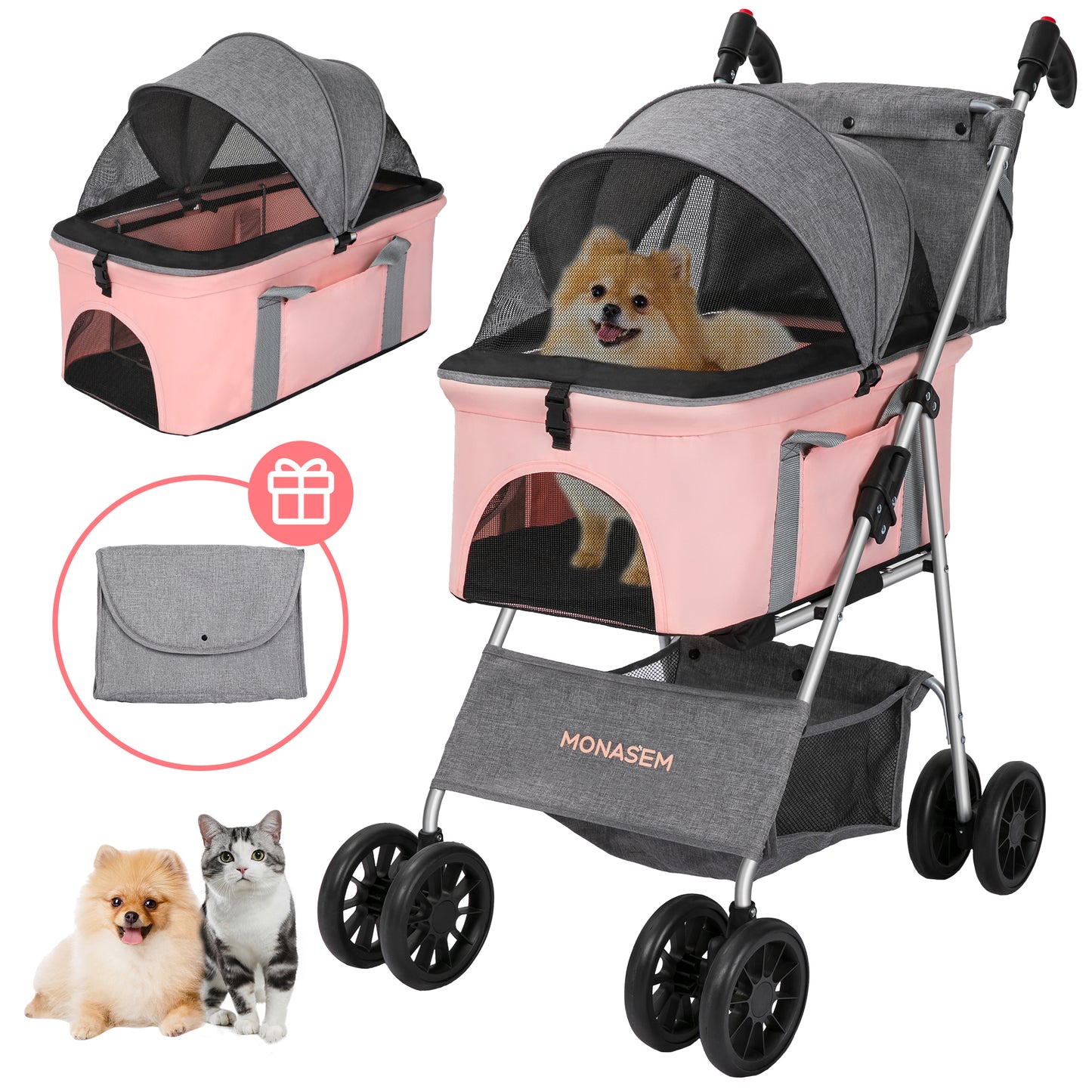 Monasem Pets Stroller, Dog Cat Stroller 3-in-1 Detachable Doggy Stroller with Portable Bag for Small Medium Dogs Travel(Pink)