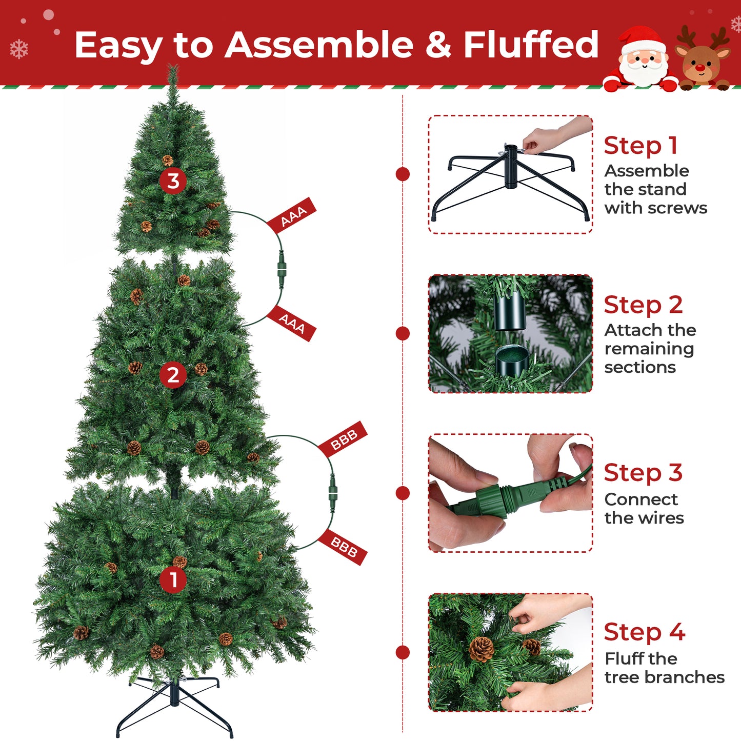 Firstness 6ft Pre-Lit Christmas Tree with 925 Branch Tips, Green Artificial Xmas Tree with Pine Cones, 8 Lighting Modes