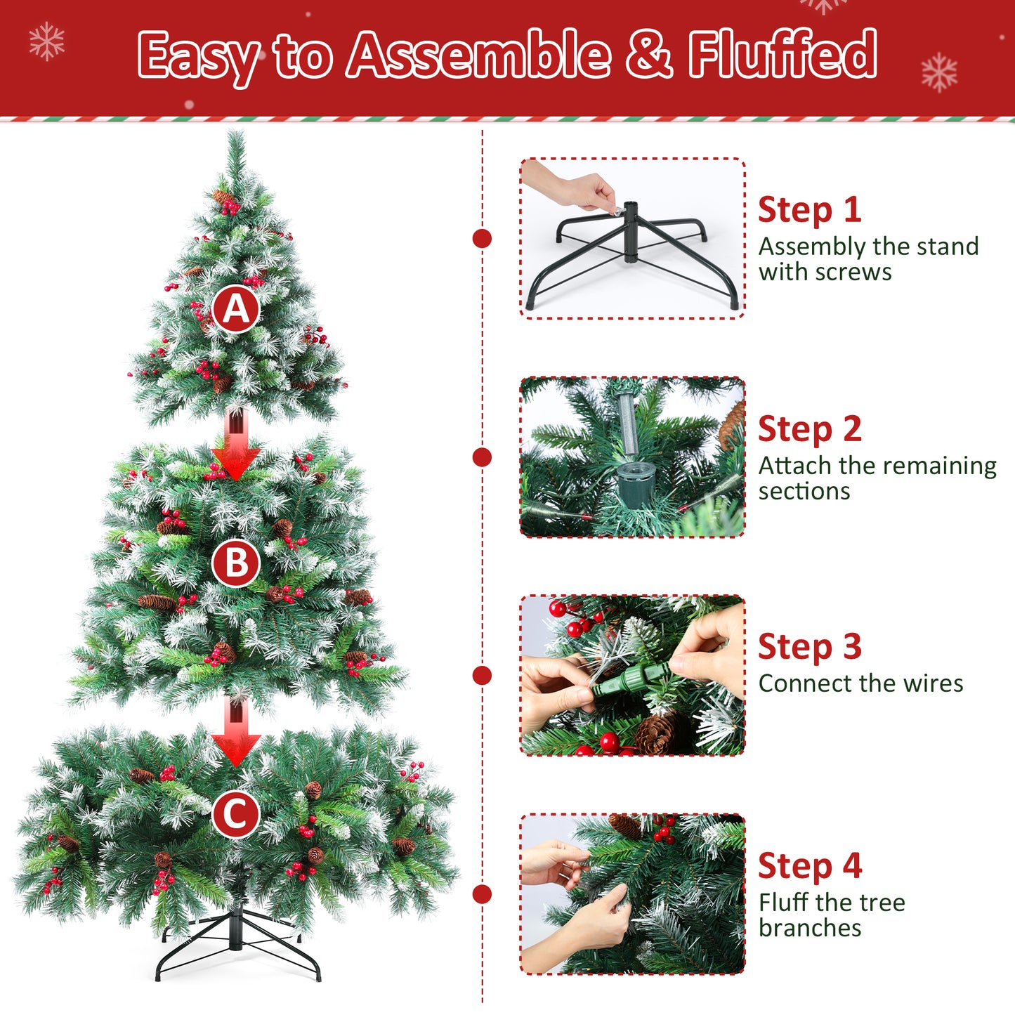 Firstness 6ft Pre-Lit Artificial Christmas Tree,Green Xmas Tree with 1000 Branch Tips 300 LED Lights,Pine Cones + Red Berries