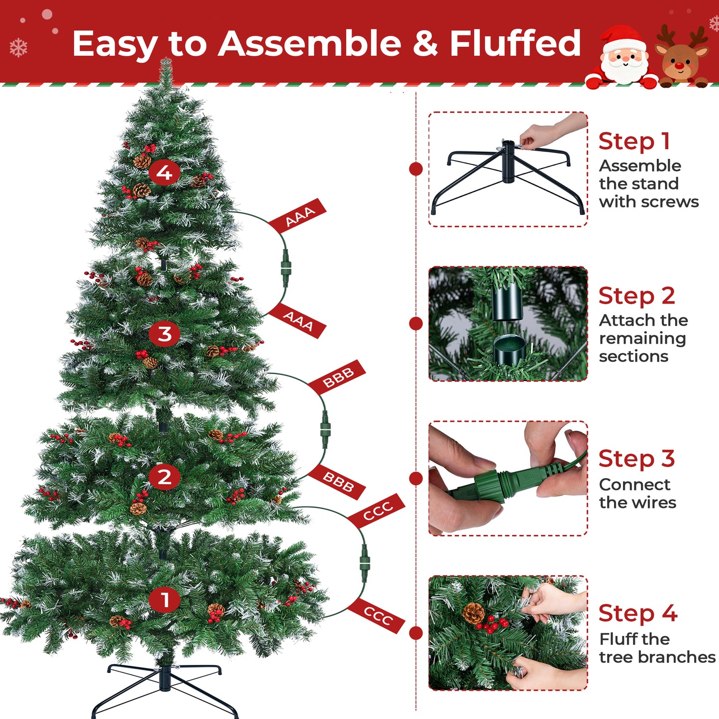 Firstness 9ft Pre-Lit Artificial Christmas Tree with Storage Bag, Warm & Multicolor Xmas Tree with 2300 Branch Tips,Pine Cones + Red Berries