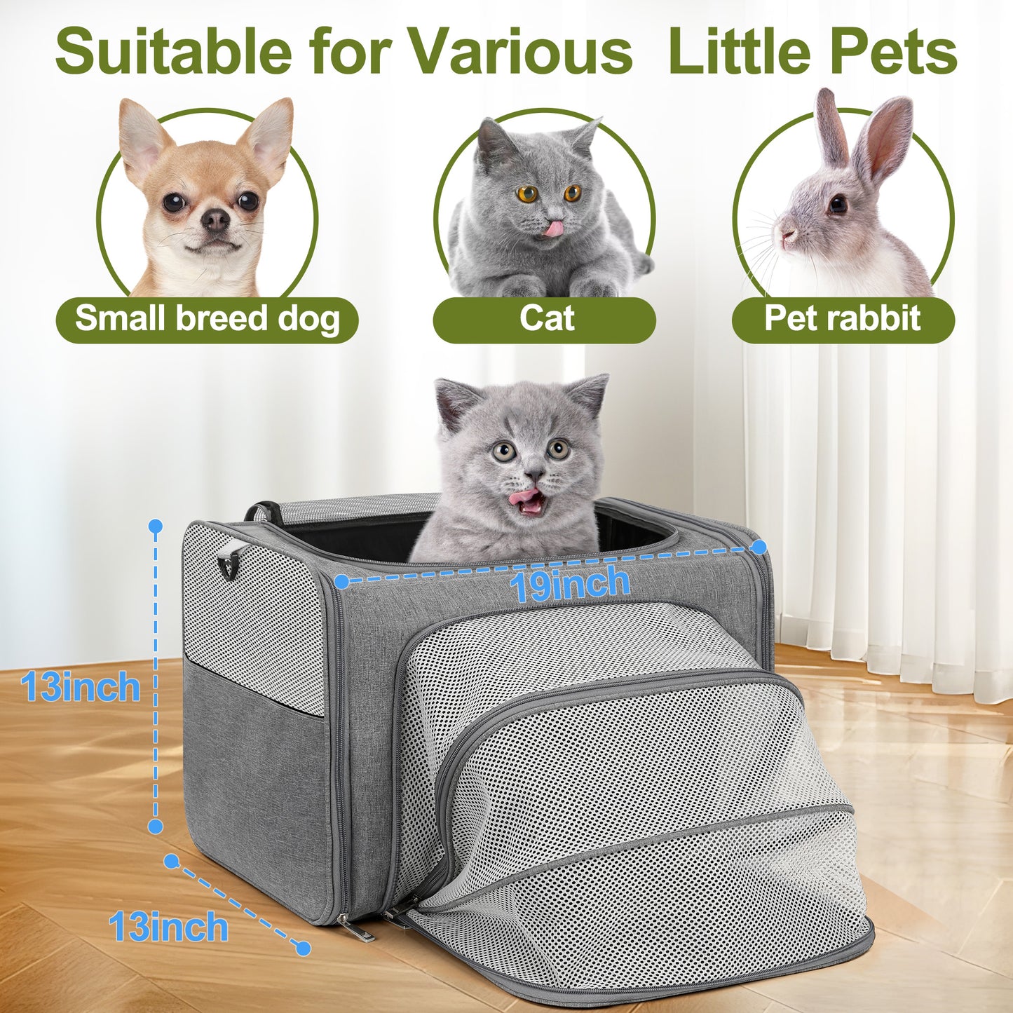 Monasem Expandable Cat Carrier, Collapsible Portable Pet Carrier Travel Bag for Puppies & Small Dogs, 19"x 13"x 13"