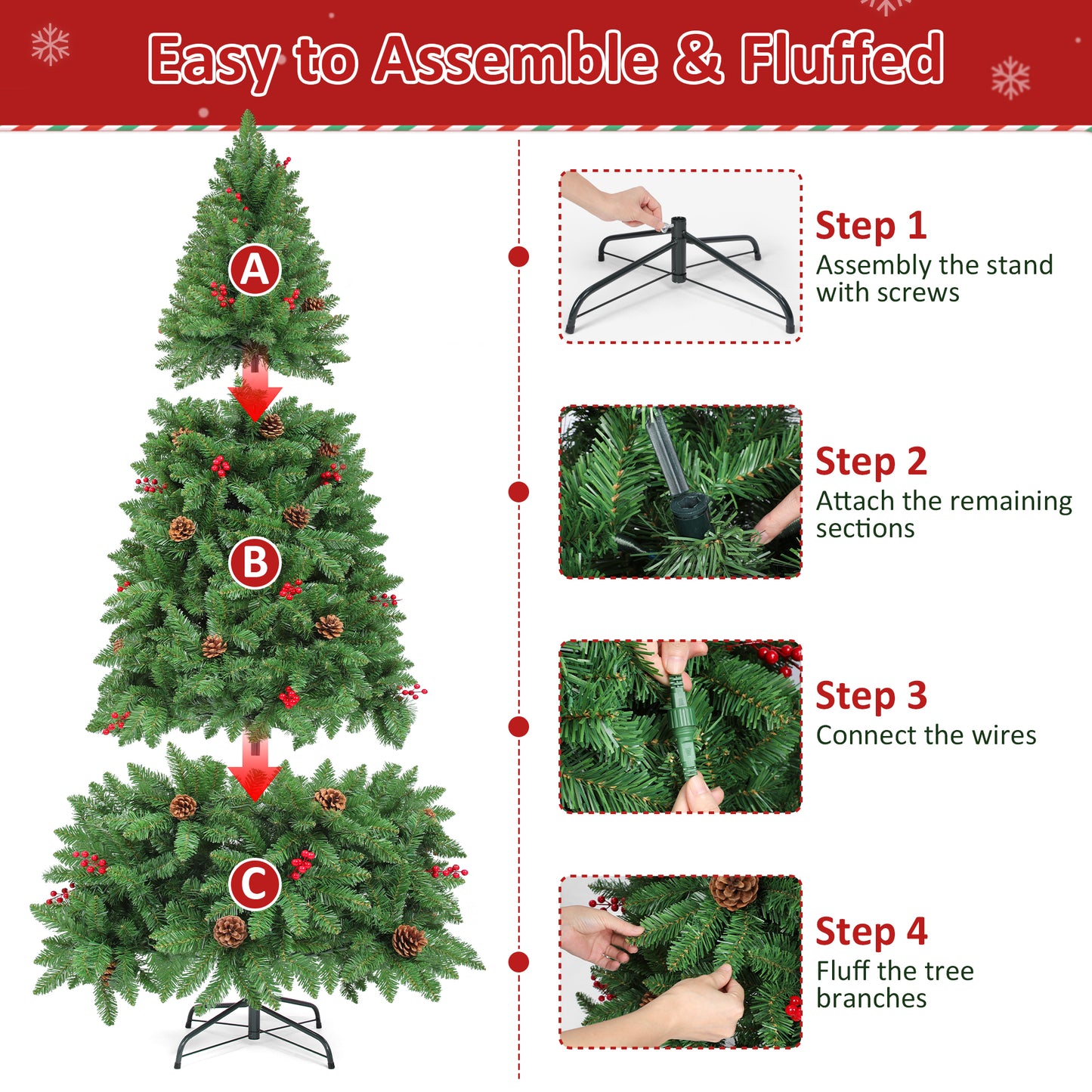 Firstness 6ft Pre-Lit Artificial Christmas Tree,Green Xmas Tree with Lights and Branch Tips,Pine Cones and Red Berries