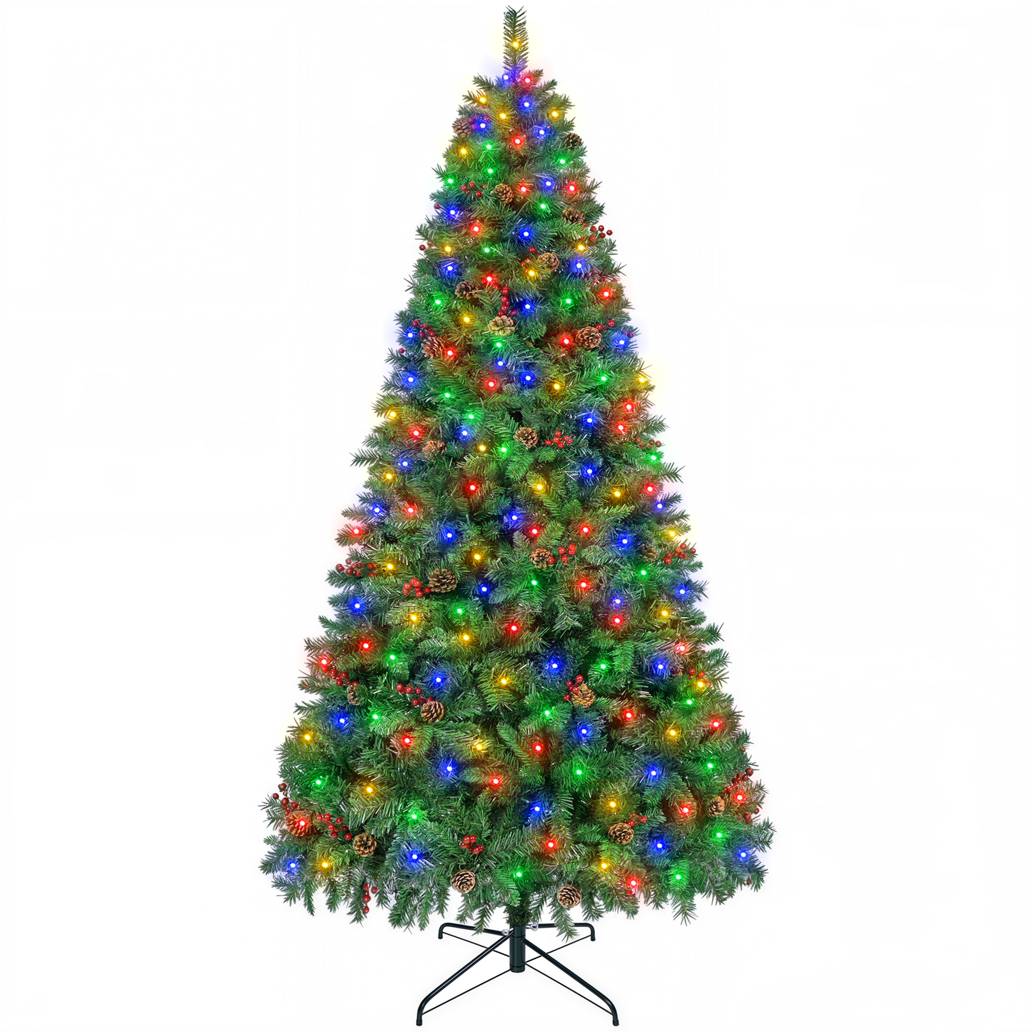 Firstness 6ft Pre-Lit Christmas Tree with Storage Bag, Artificial Xmas Tree with 975 Branch Tips and 11 Lighting Modes,Pine Cones and Red Berries