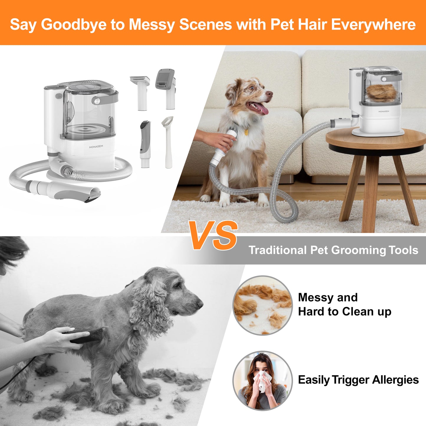 Monasem Dog Grooming Vacuum for Shedding, 13,200Pa Pet Grooming Vacuum Kit with Dogs Cats Clippers, 6 in 1 Low Noise Home Cleaning Tool