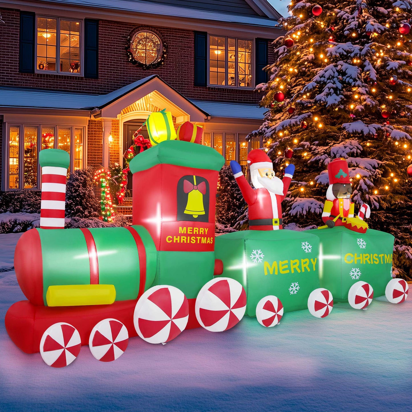 Firstness 10ft Long Christmas Inflatable Train with Santa Claus Black Nutcracker,Xmas Outdoor Decoration with LED Lights for Holiday Yard Garden Lawn