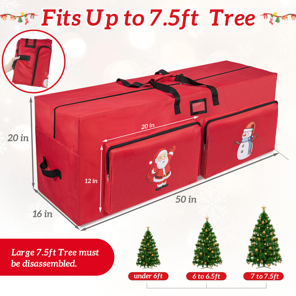 Firstness Christmas Tree Storage Bag,Fit up to 7.5ft Tree Storage Bag with 2 Pocket and Zippers,Red