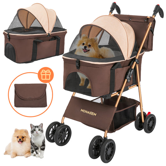 Monasem Pets Stroller, Dog Cat Stroller 3-in-1 Detachable Doggy Stroller with Portable Bag for Small Medium Dogs Travel(Brown)
