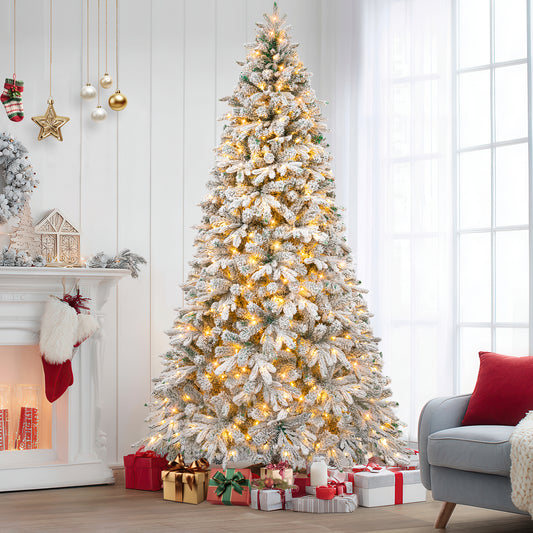 Firstness 6/7.5/9ft Pre-Lit Snow Flocked Artificial Christmas Tree, Hinged Christmas Tree with Branch Tips and Warm LED Lights, Metal Stand, Party Decorations
