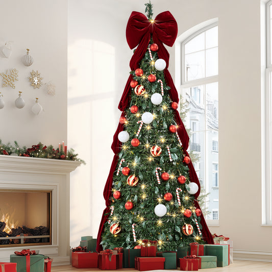 Firstness Christmas Tree 6FT, Pop up Pre Decorated Pre Lit Artificial Xmas Tree with 150 LED Lights, Large Bow & Ornaments, Lighted Christmas Tree for Holiday Party Decorations, Easy Installation