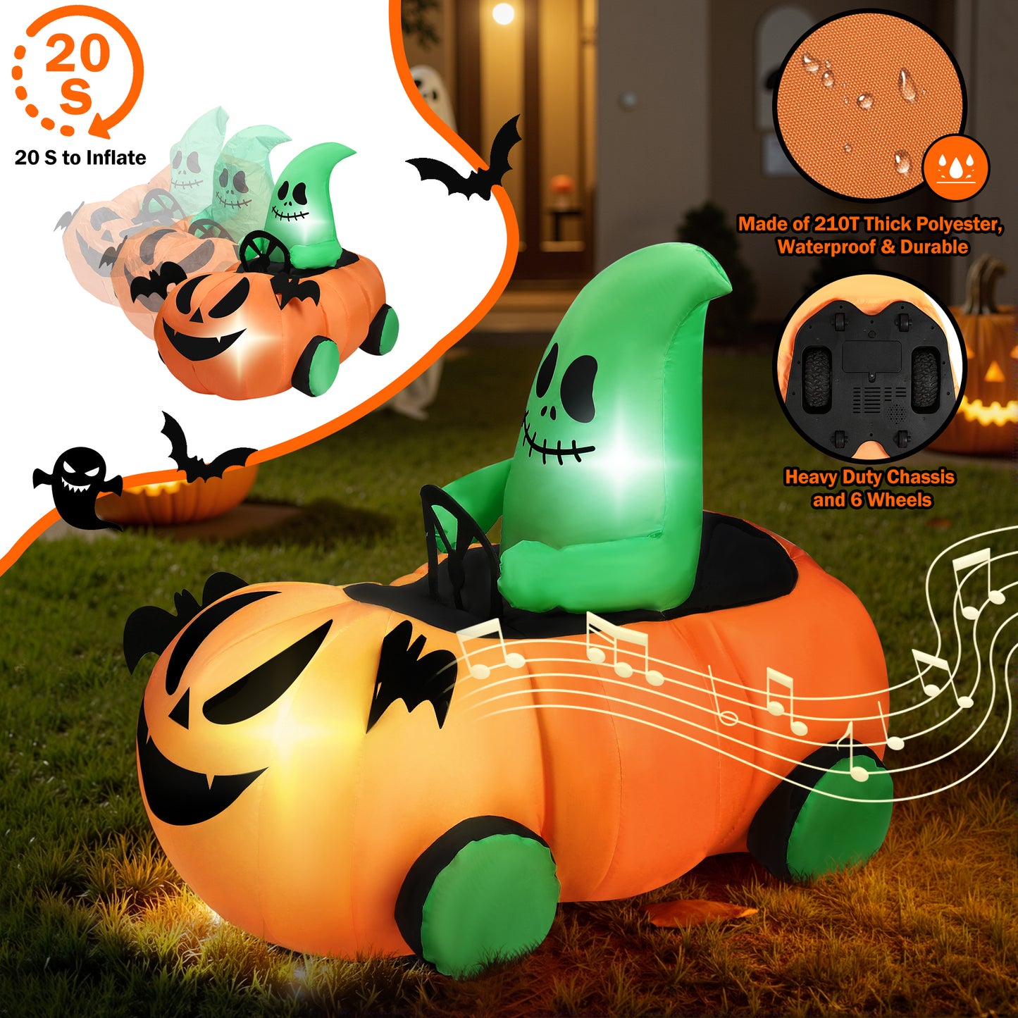 Firstness 2.6ft Halloween Inflatable with Music and Lights,Remote Control Pumpkin Ghost Car,Blow ups Rc Car,Indoor Outdoor,Orange Green