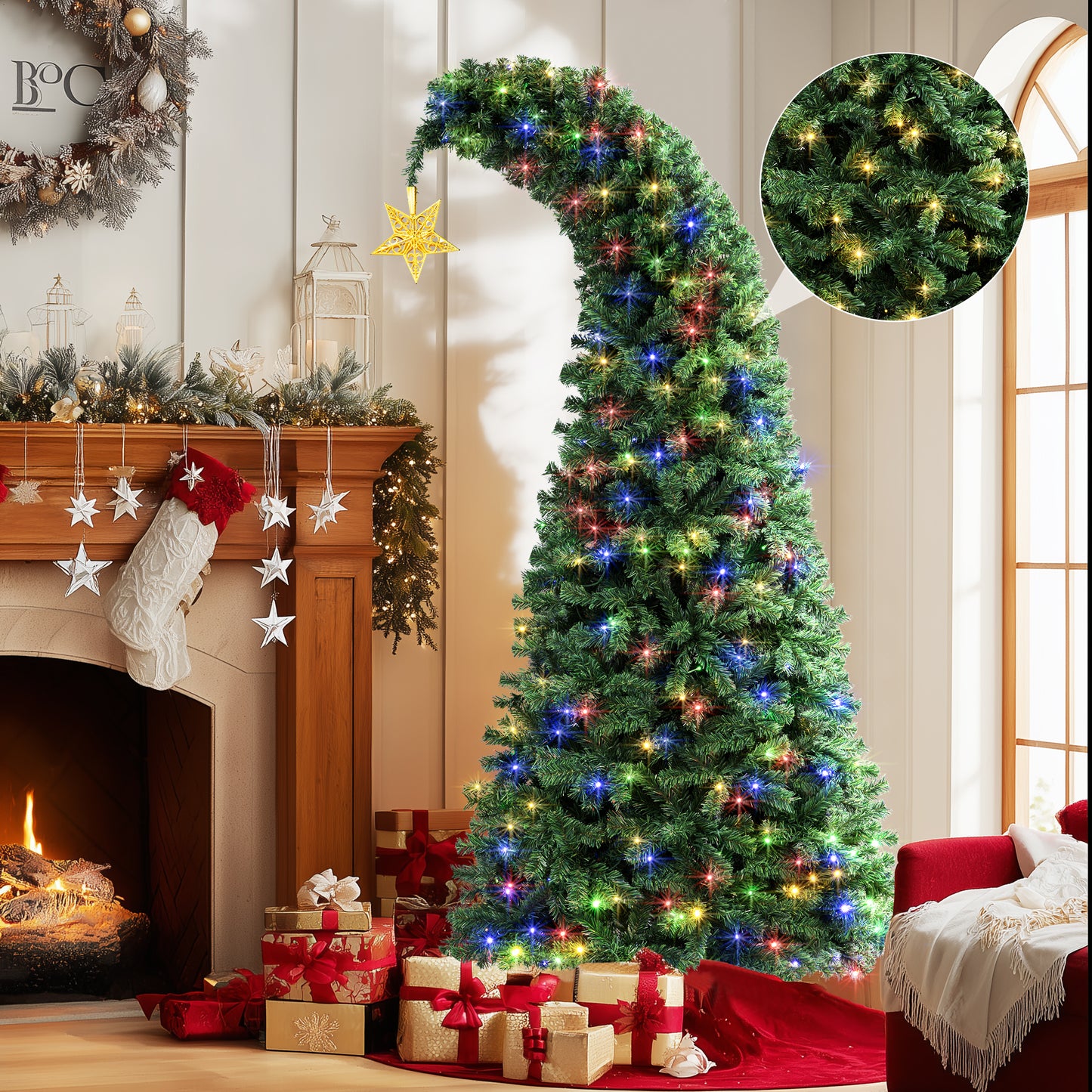 6FT Christmas Tree Crooked Neck, Prelit Artificial Xmas Tree with 350 Colorful Lights & 11 Modes, 760 Branch Tips, PVC Bendable Top Christmas Tree for Home Shop Office Holiday Decor