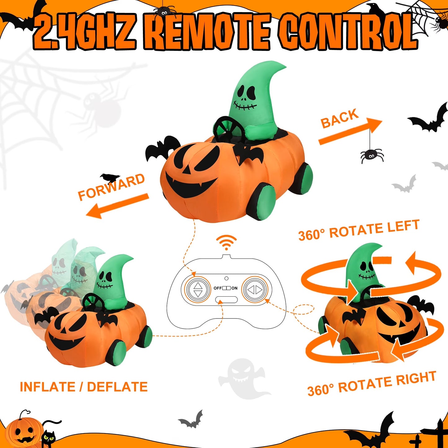 Firstness 2.6ft Remote Control Halloween Inflatable Pumpkin Ghost Car, Moving Blow up Halloween Decoration, Indoor Outdoor Yard, Orange Green