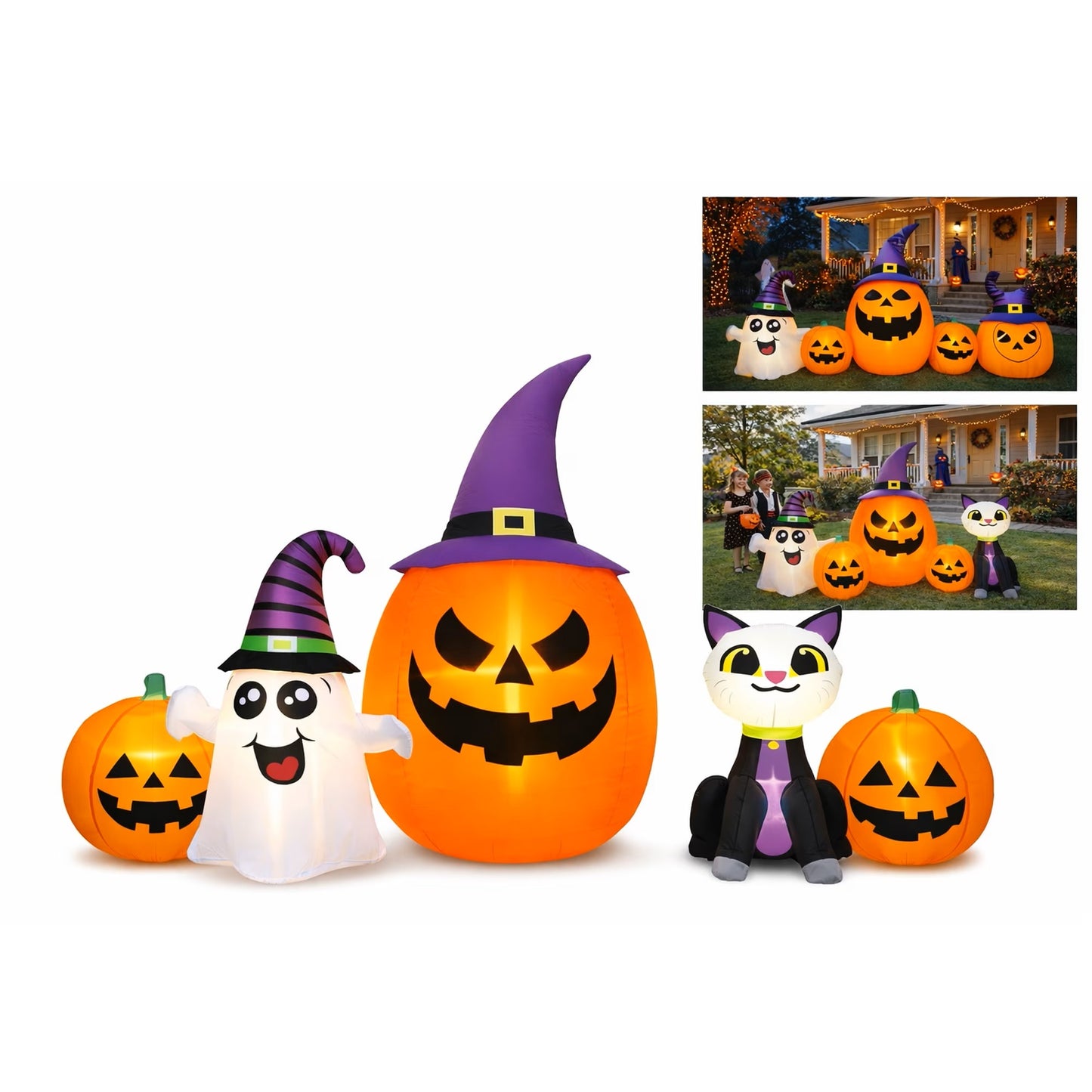 Firstness 8FT Halloween Inflatable Cat Pumpkins Ghost with Lights,Outdoor Decorations for Party Yard