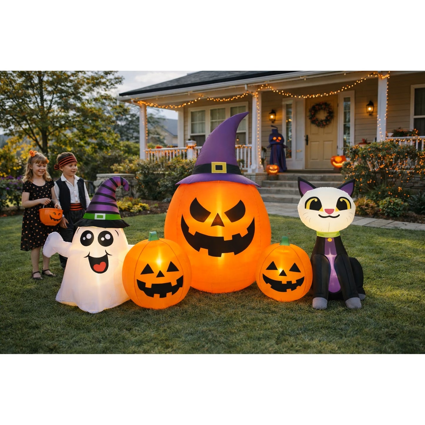 Firstness 8FT Halloween Inflatable Cat Pumpkins Ghost with Lights,Outdoor Decorations for Party Yard