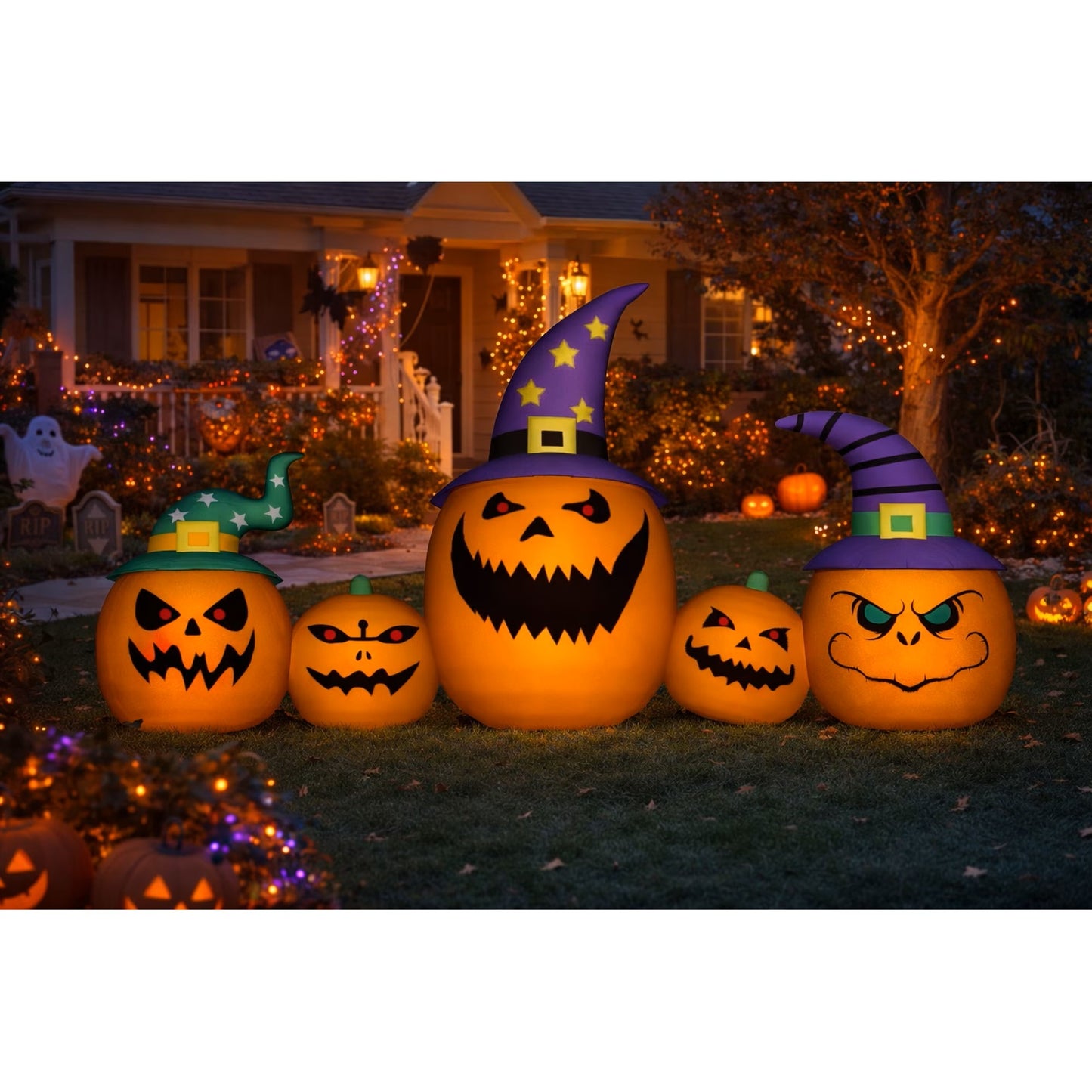 Firstness 8FT Halloween Inflatable Pumpkins Outdoor Decorations,5 Pumpkins with Lights for Party Yard