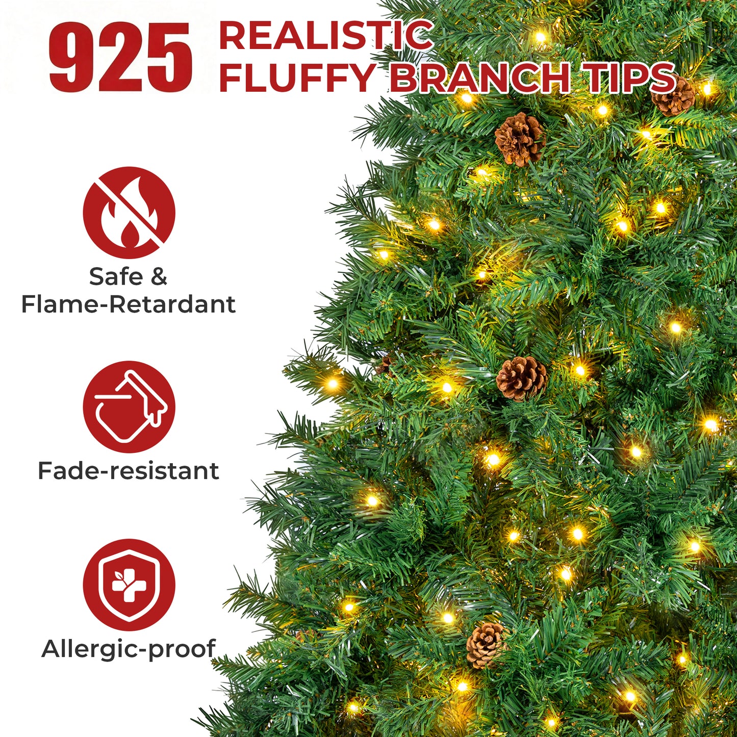 Firstness 6ft Pre-Lit Christmas Tree with 925 Branch Tips, Green Artificial Xmas Tree with Pine Cones, 8 Lighting Modes