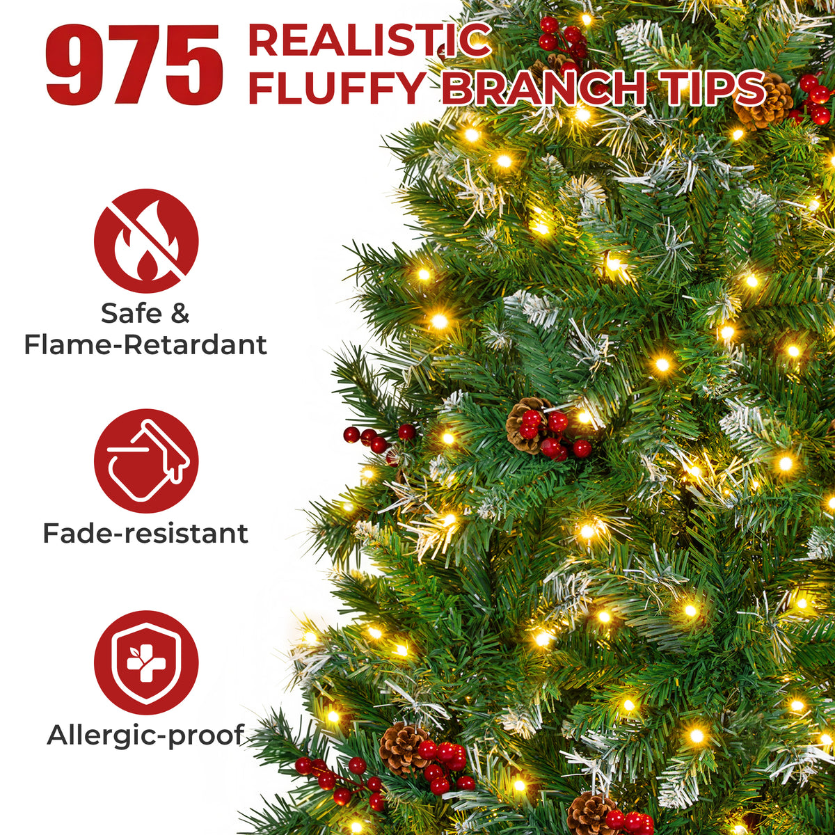 Firstness 6ft Pre-Lit Artificial Christmas Tree with Storage Bag, Warm & Multicolor Xmas Tree with 975 Branch Tips,Pine Cones + Red Berries
