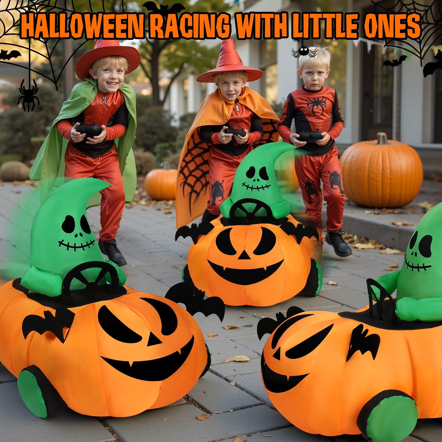 Firstness 2.6ft Remote Control Halloween Inflatable Pumpkin Ghost Car, Moving Blow up Halloween Decoration, Indoor Outdoor Yard, Orange Green