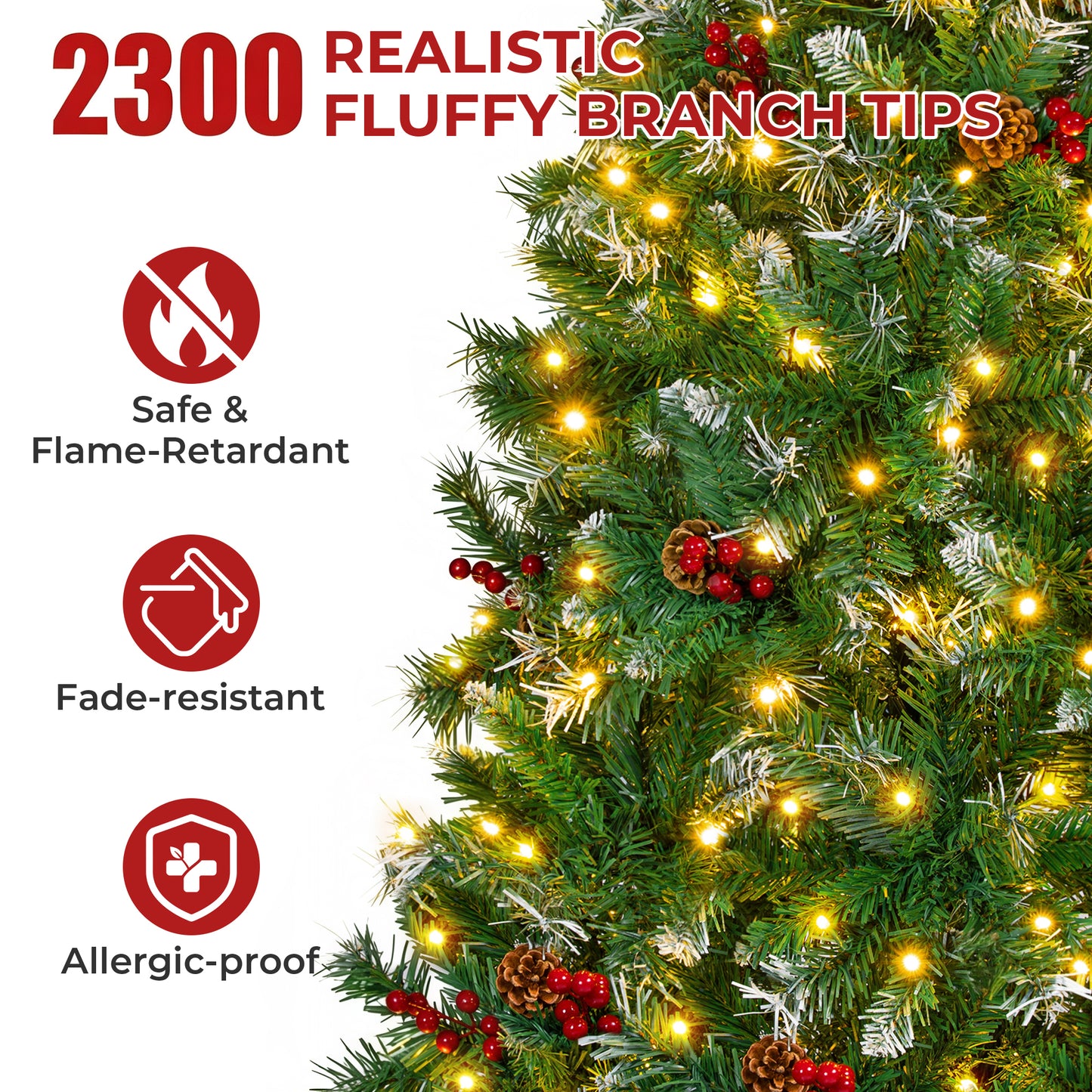 Firstness 9ft Pre-Lit Artificial Christmas Tree with Storage Bag, Warm & Multicolor Xmas Tree with 2300 Branch Tips,Pine Cones + Red Berries