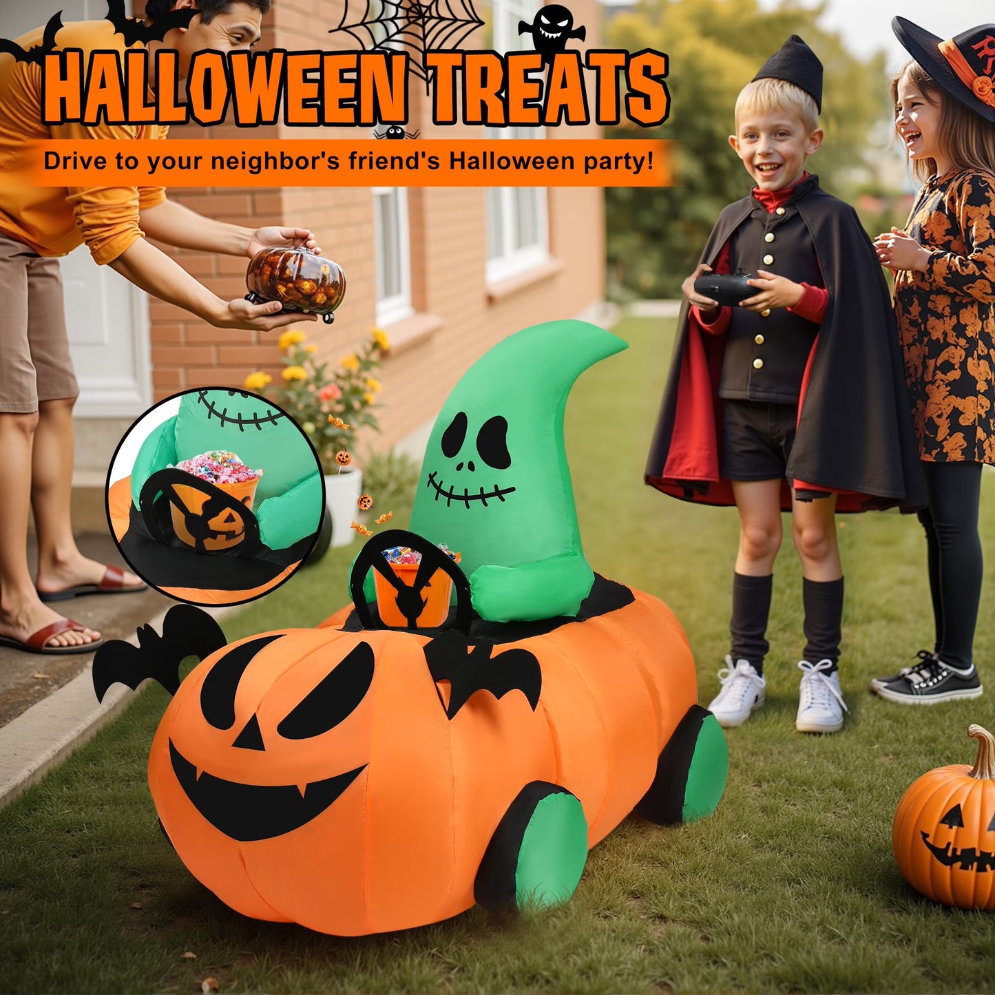 Firstness 2.6ft Remote Control Halloween Inflatable Pumpkin Ghost Car, Moving Blow up Halloween Decoration, Indoor Outdoor Yard, Orange Green