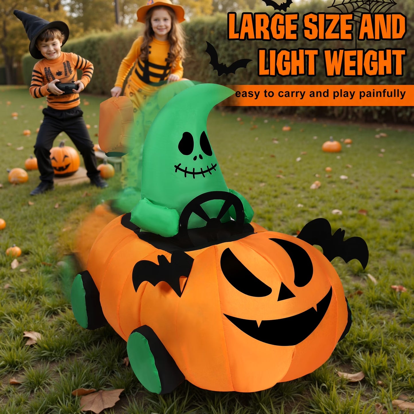 Firstness 2.6ft Remote Control Halloween Inflatable Pumpkin Ghost Car, Moving Blow up Halloween Decoration, Indoor Outdoor Yard, Orange Green