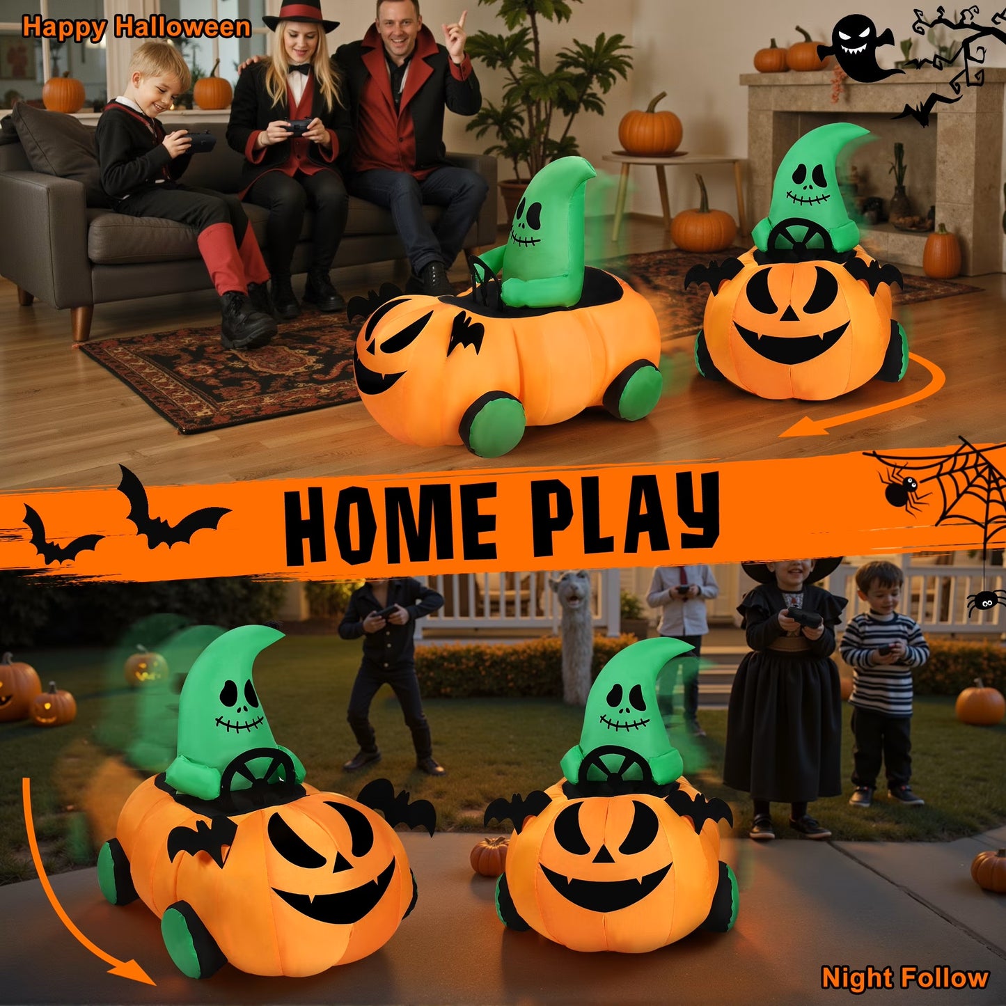 Firstness 2.6ft Remote Control Halloween Inflatable Pumpkin Ghost Car, Moving Blow up Halloween Decoration, Indoor Outdoor Yard, Orange Green