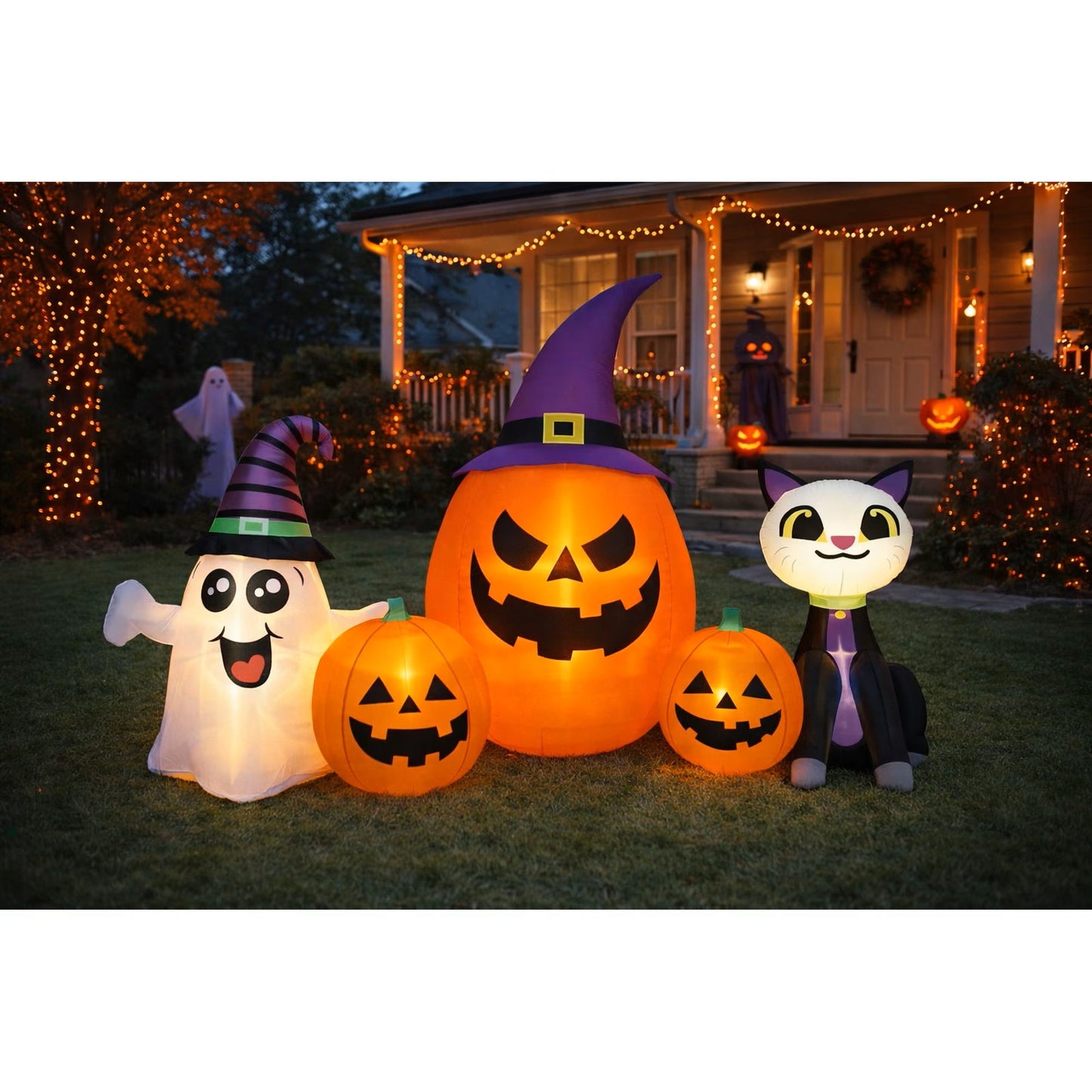 Firstness 8FT Halloween Inflatable Cat Pumpkins Ghost with Lights,Outdoor Decorations for Party Yard