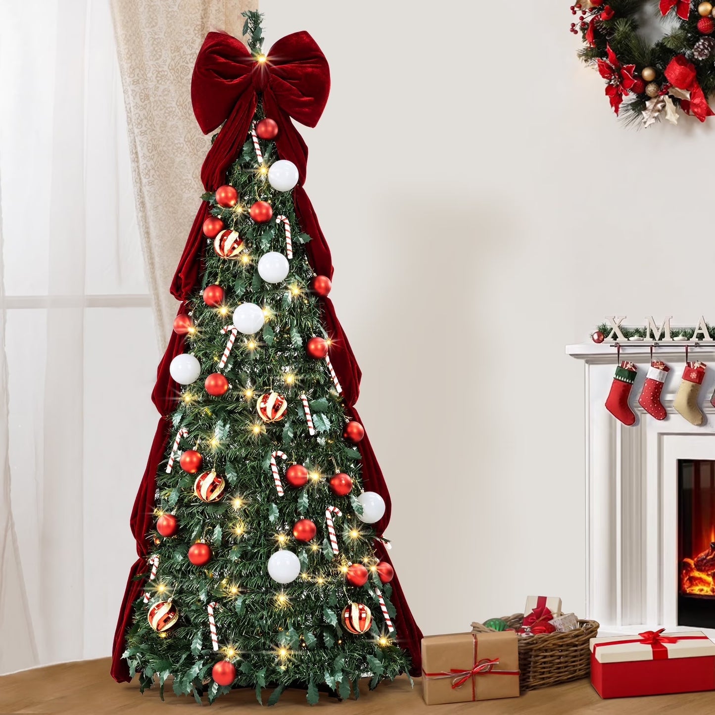 Firstness Christmas Tree 6/7.5FT, Pop up Pre Decorated Pre Lit Artificial Xmas Tree with 150 LED Lights, Large Bow & Ornaments, Lighted Christmas Tree for Holiday Party Decorations, Easy Installation