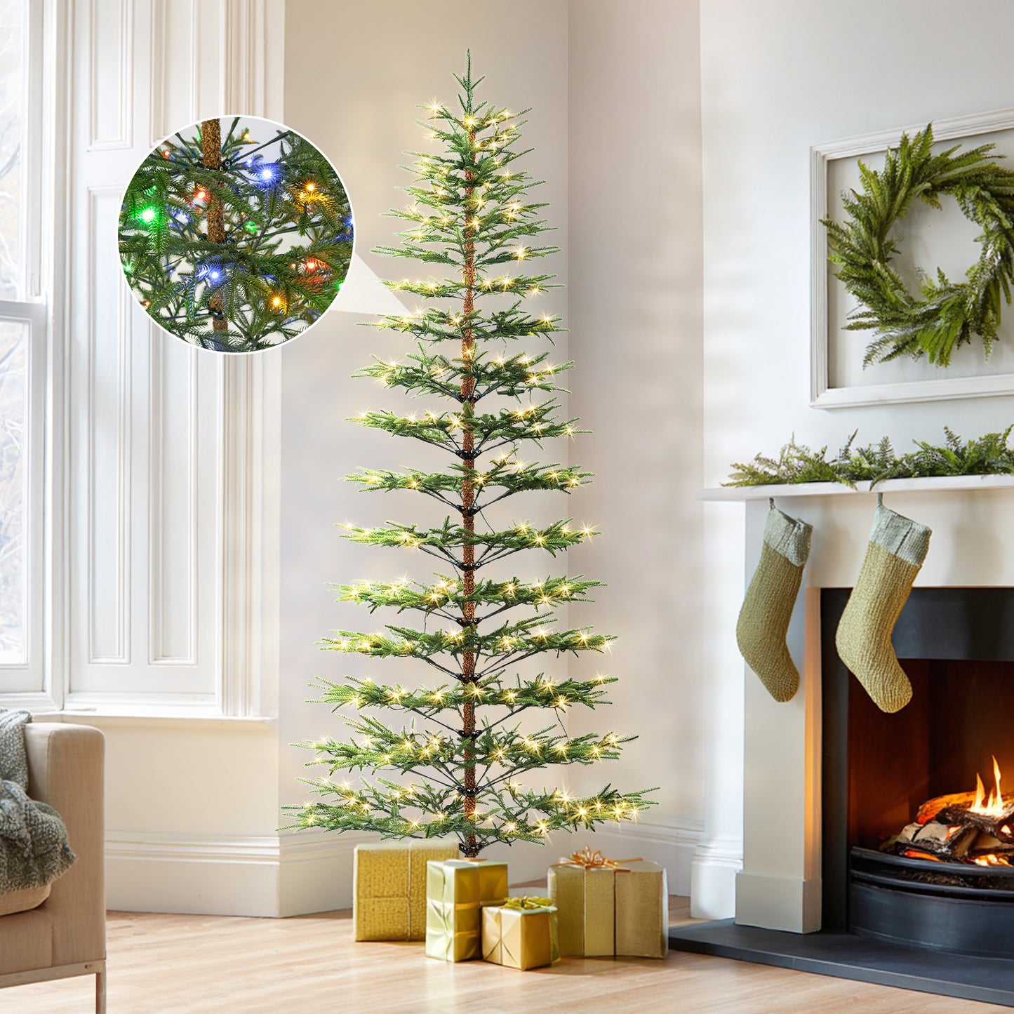 Firstness 6FT Christmas Tree Sparse Conifer, Prelit Artificial Tree with 300 Colorful Lights & 11 Modes, 250 Branch Tips, PE Material Easy Assembly Xmas Tree for Home Office Shop Holiday Decoration