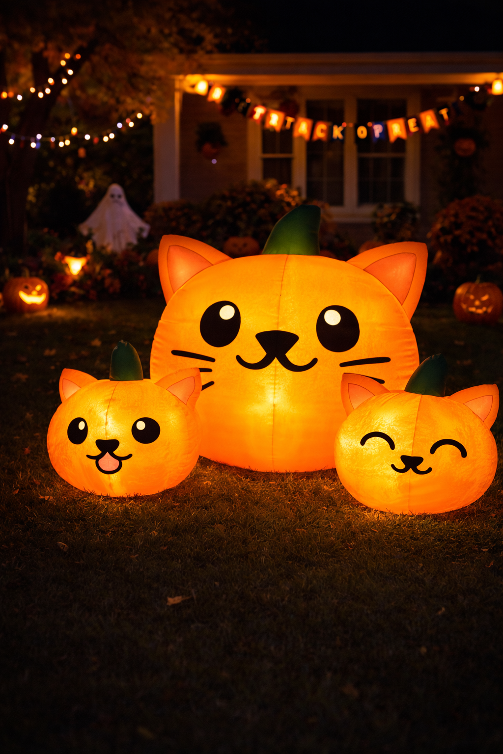 Firstness 6FT Long Halloween Inflatable Pumpkins Cat Outdoor Decorations,3 Pumpkins with Lights for Party Yard