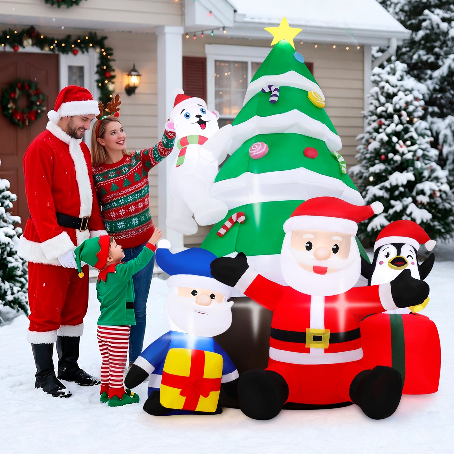Firstness 7ft Christmas Inflatables with LED Lights,Blow ups Santa Claus Christmas Tree Penguin Bear Gift Boxs Xmas Outdoor Yard Decoration