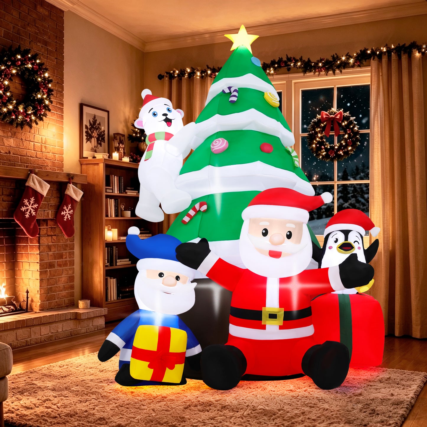 Firstness 7ft Christmas Inflatables with LED Lights,Blow ups Santa Claus Christmas Tree Penguin Bear Gift Boxs Xmas Outdoor Yard Decoration