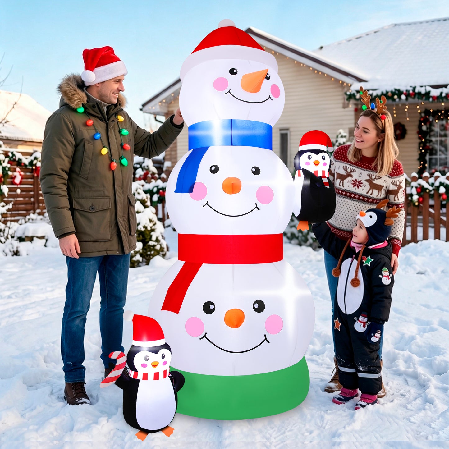Firstness 6ft Tall Christmas Inflatables Three Snowman Two Penguins Christmas Blow ups Outdoor Decoration with LED Lights for Yard Garden Lawn