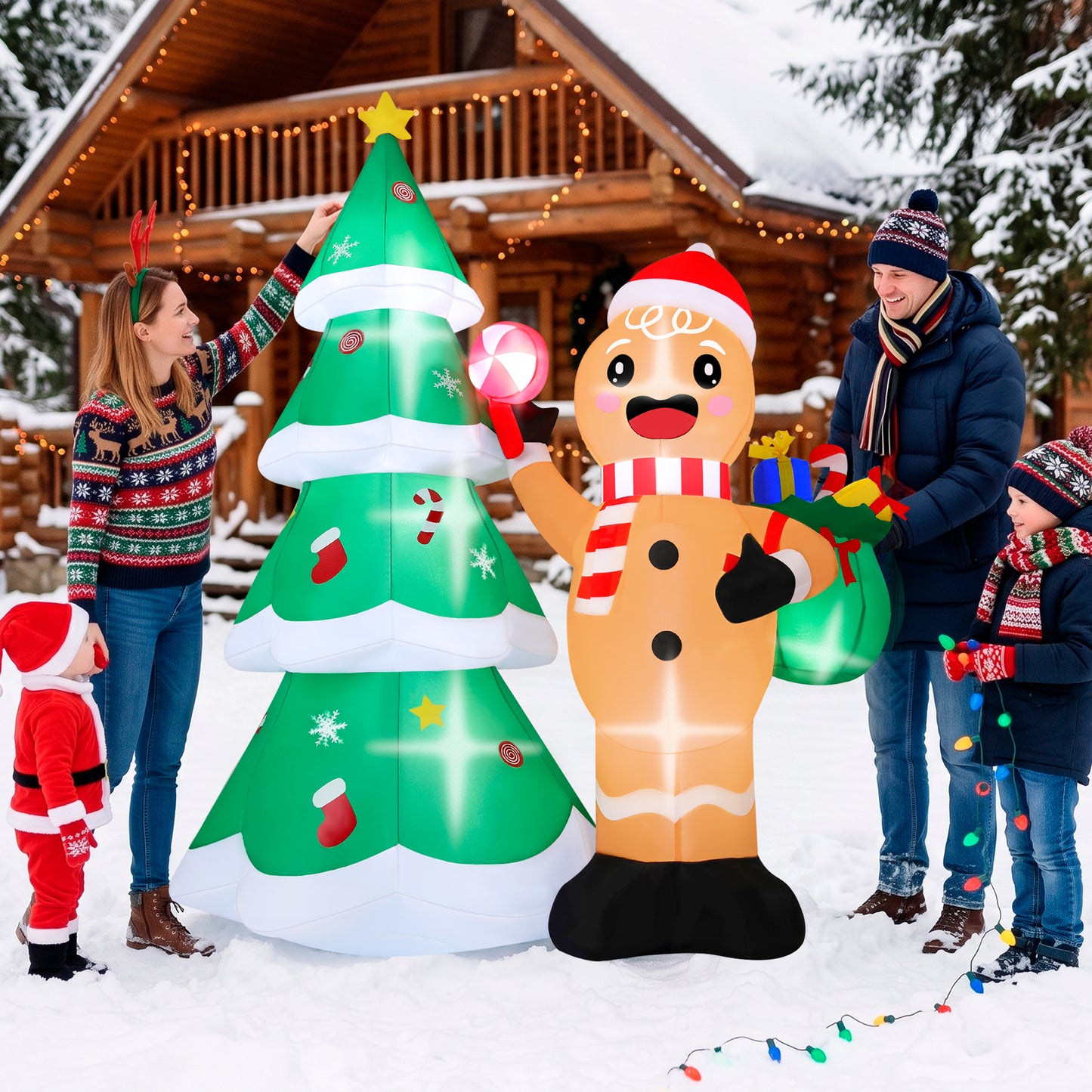 Firstness 6ft Tall Christmas Inflatables, Gingerbread Man and Christmas Tree Blow ups with LED Lights for Outdoor Yard Lawn Decorations