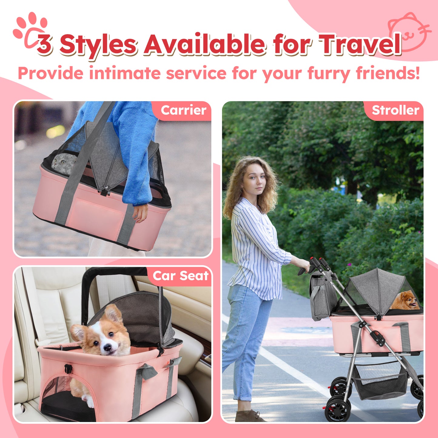 Monasem Pets Stroller, Dog Cat Stroller 3-in-1 Detachable Doggy Stroller with Portable Bag for Small Medium Dogs Travel(Pink)