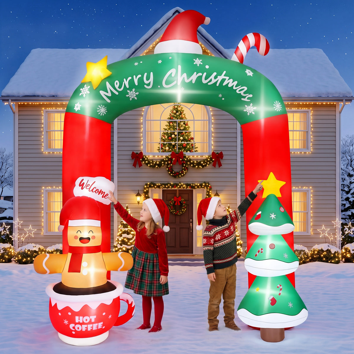 Firstness 9ft Christmas Inflatables Archway Christmas Blow ups with LED Lights, Arch Xmas Tree & Cup Gingerbread Man Outdoor Yard Decoration