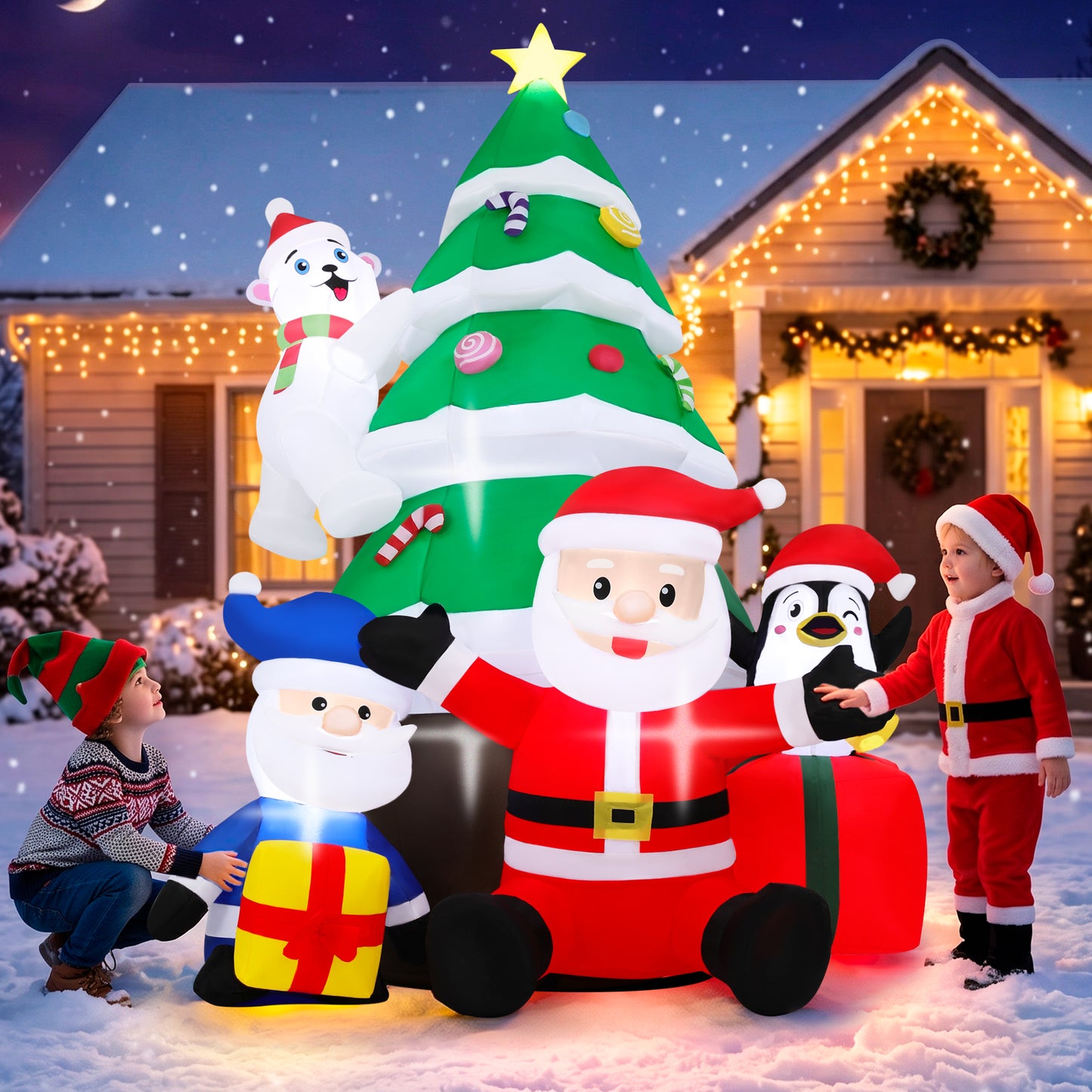 Firstness 7ft Christmas Inflatables with LED Lights,Blow ups Santa Claus Christmas Tree Penguin Bear Gift Boxs Xmas Outdoor Yard Decoration