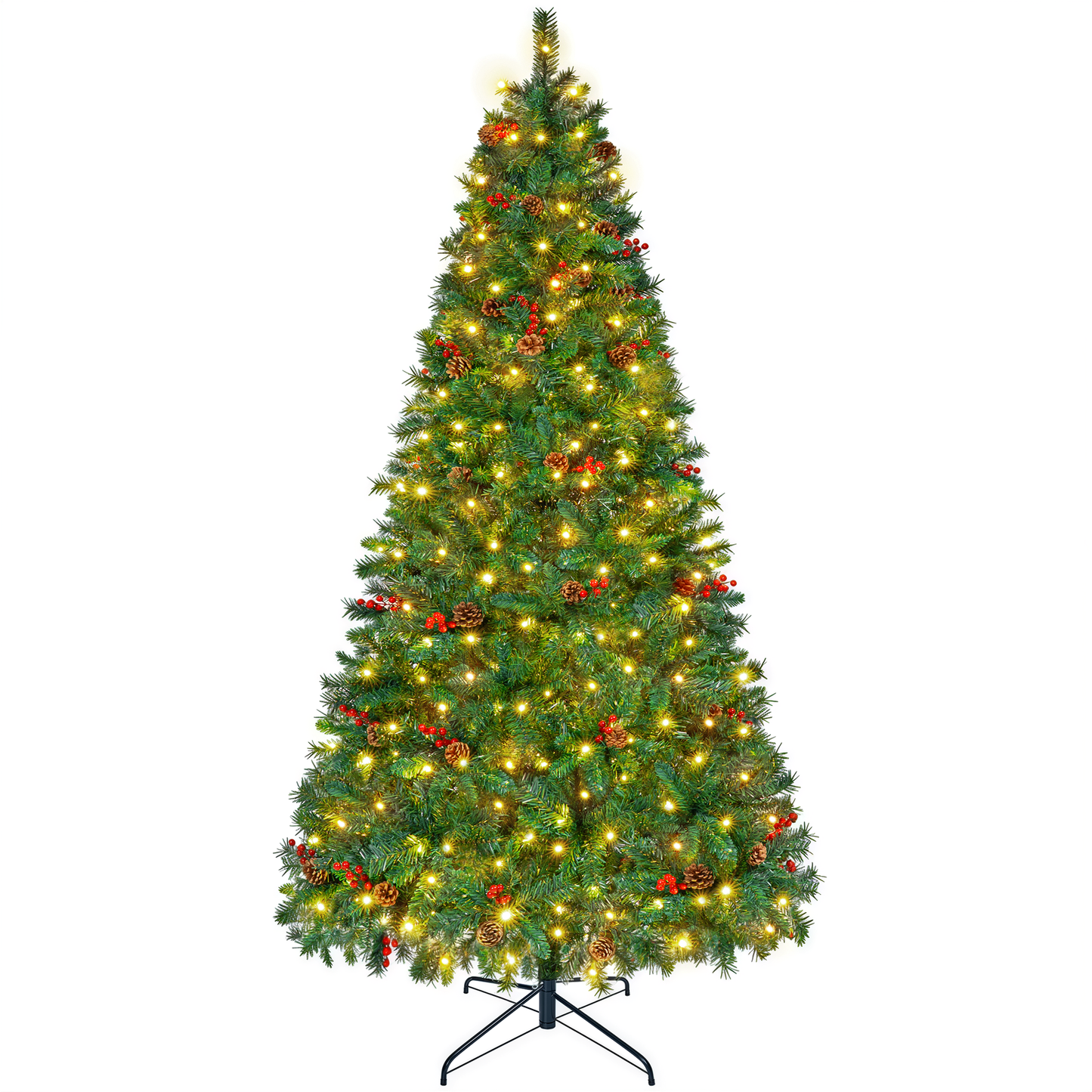 Firstness 6ft Pre-Lit Christmas Tree with Storage Bag, Artificial Xmas Tree with 975 Branch Tips and 11 Lighting Modes,Pine Cones and Red Berries