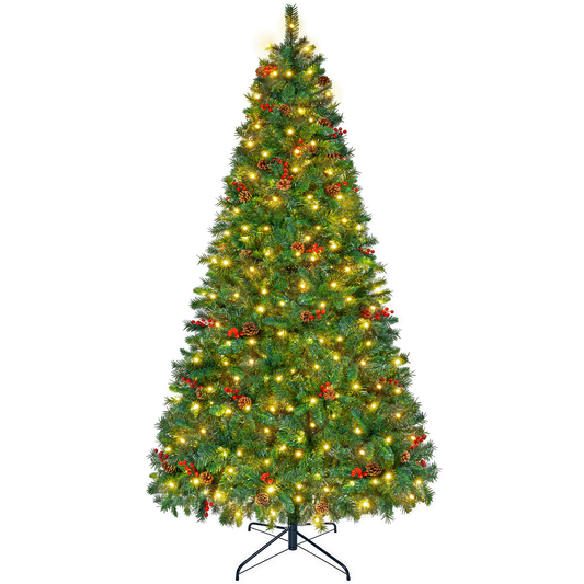 Firstness 6ft Pre-Lit Christmas Tree with Storage Bag, Artificial Xmas Tree with 975 Branch Tips and 11 Lighting Modes,Pine Cones and Red Berries
