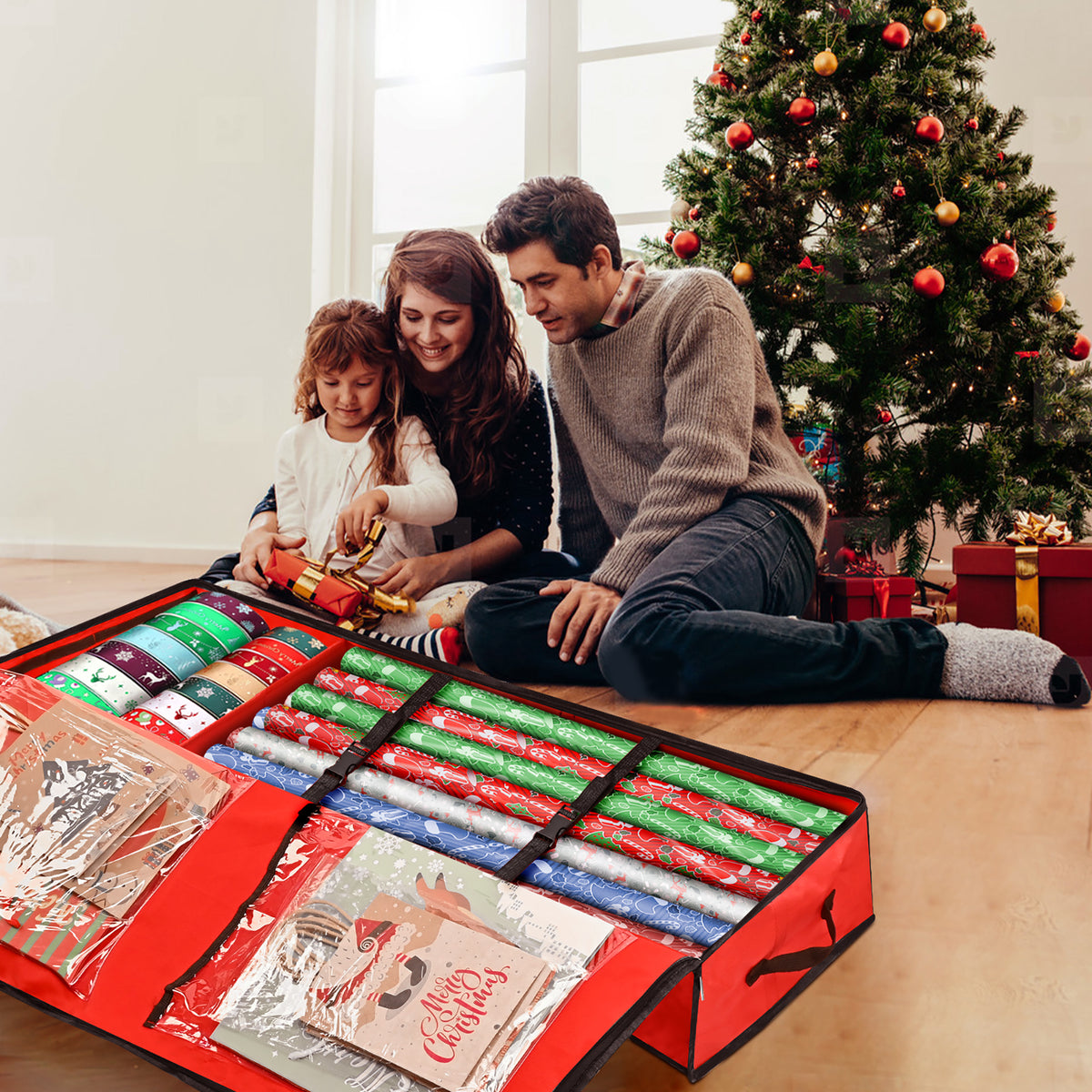 Firstness Christmas Wrapping Paper Storage Organizer,with Flexible Partitions and Pockets