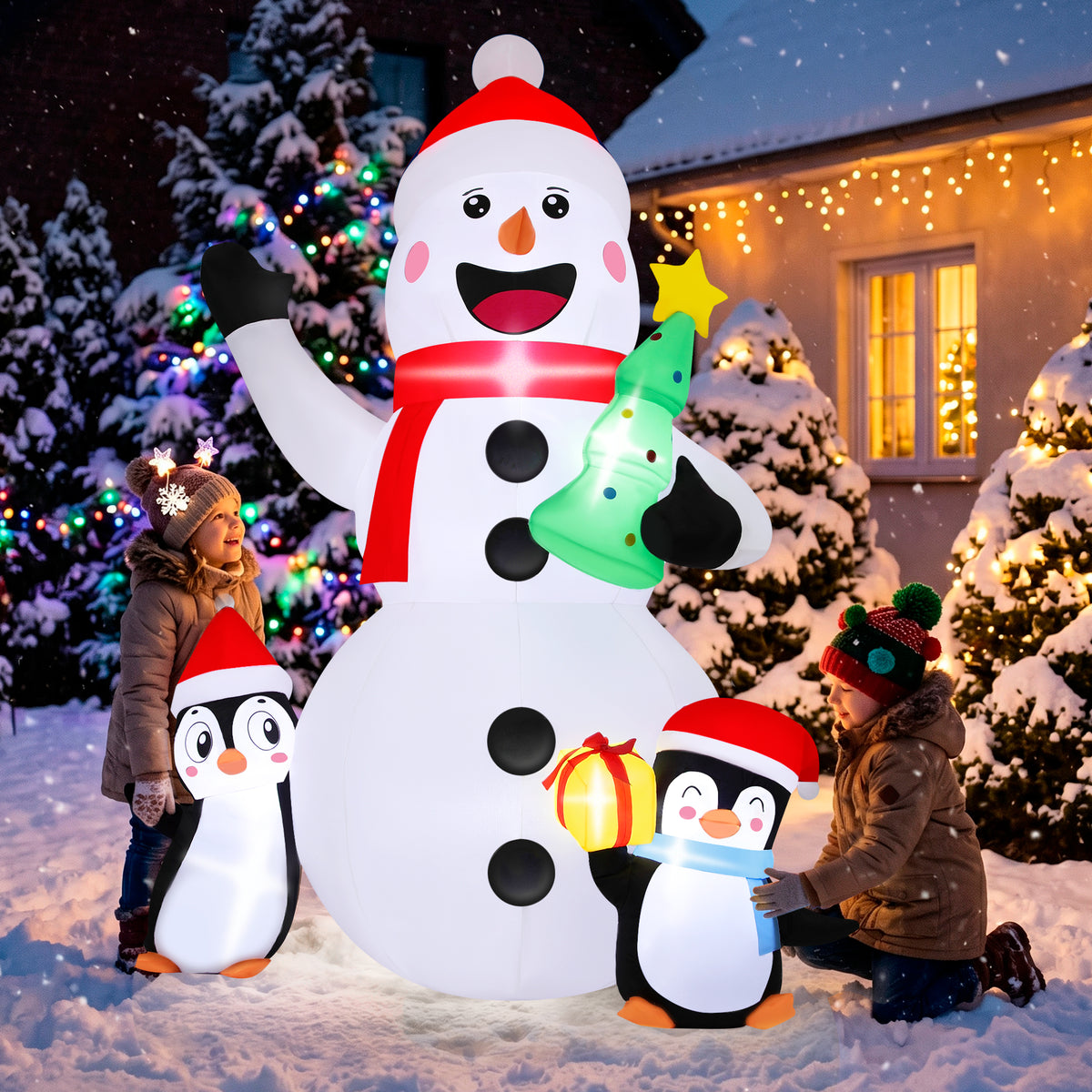 Firstness 6ft Christmas Inflatables, Snowmen Penguin Christmas Tree Gift Box with LED Lights Xmas Blow ups for Outdoor Yard Party Decorations