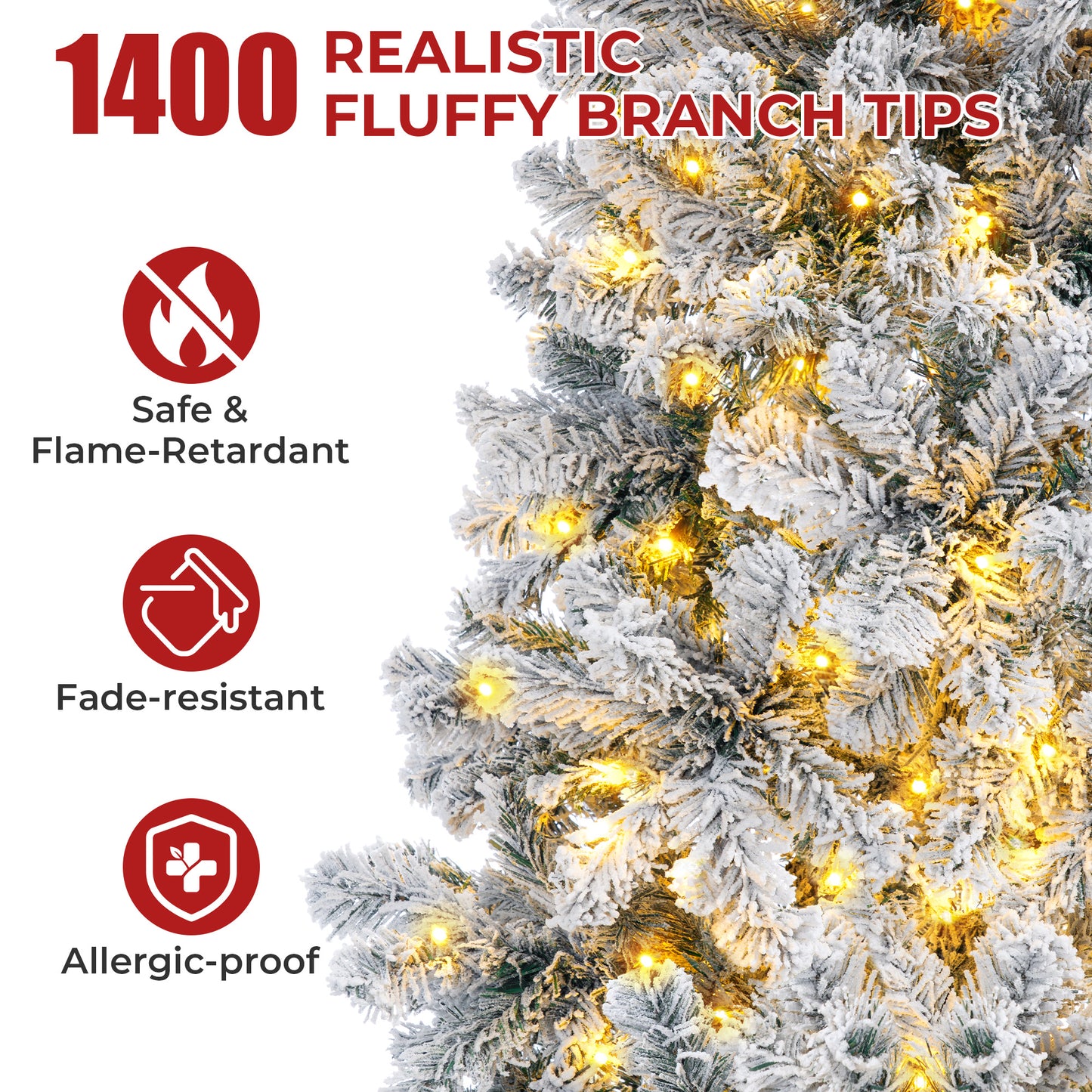 Firstness 7.5ft Pre-Lit Artificial Christmas Tree with 1400 Branches,11 lighting Mode Snow Flocked Xmas Tree with Storage Bag