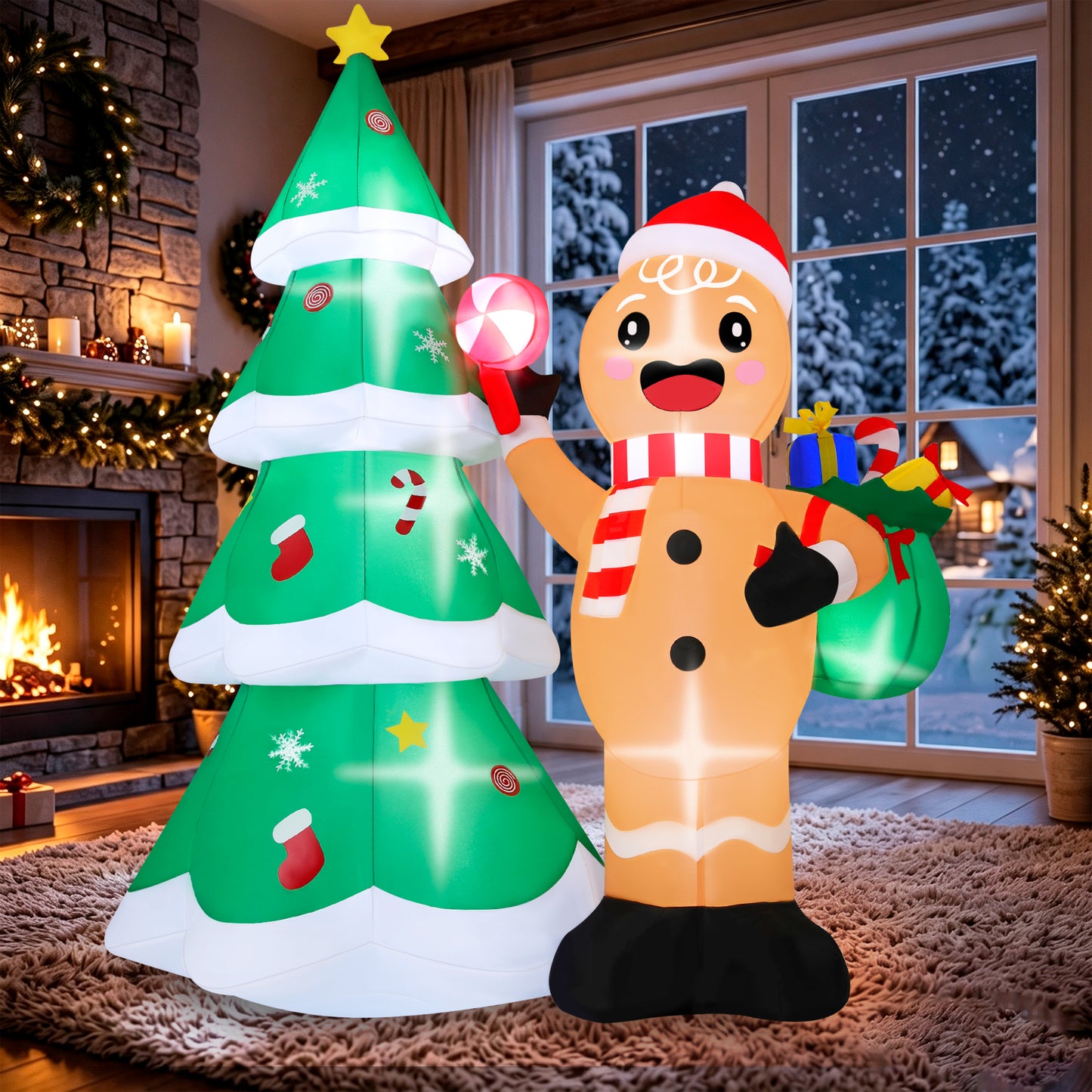Firstness 6ft Tall Christmas Inflatables, Gingerbread Man and Christmas Tree Blow ups with LED Lights for Outdoor Yard Lawn Decorations