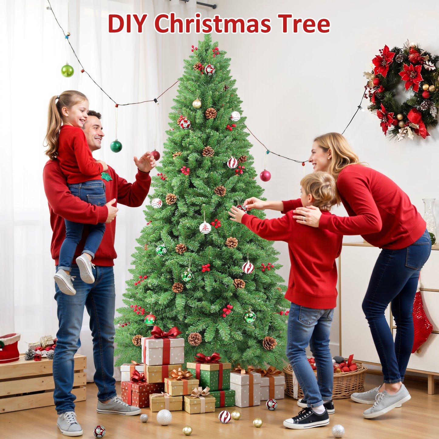 Firstness 6ft Pre-Lit Artificial Christmas Tree,Green Xmas Tree with Lights and Branch Tips,Pine Cones and Red Berries
