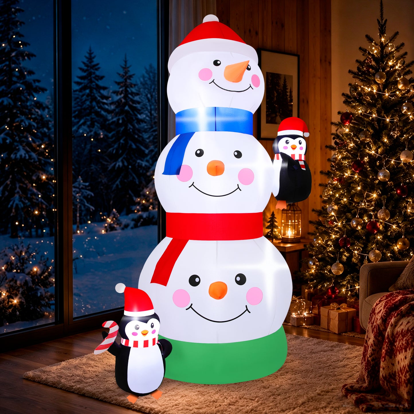 Firstness 6ft Tall Christmas Inflatables Three Snowman Two Penguins Christmas Blow ups Outdoor Decoration with LED Lights for Yard Garden Lawn