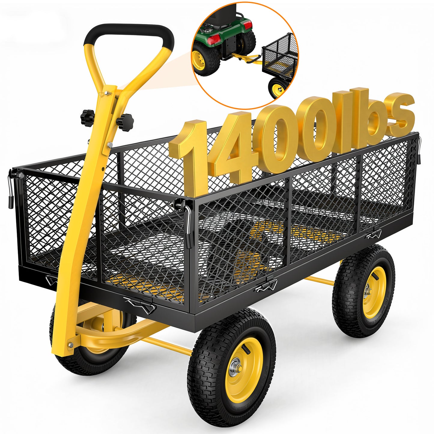 Firstness Heavy Duty Garden Cart, 900 lbs Capacity Garden Wagon with ATV/Tractor Hitch & Removable Sides